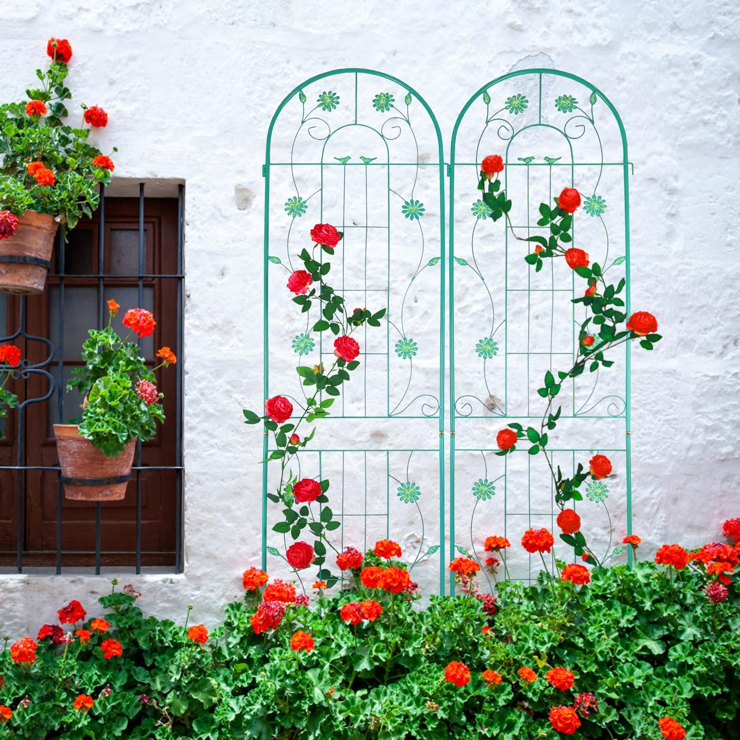 Elegant Metal Garden Trellis for Climbing Plants, Rustproof Outdoor Flower Support, Metal Galvanized Tube with Powder Coating, Decorative Trellis for Ivy,Rose,Clematis,Jasmine,Grape (Green,2)