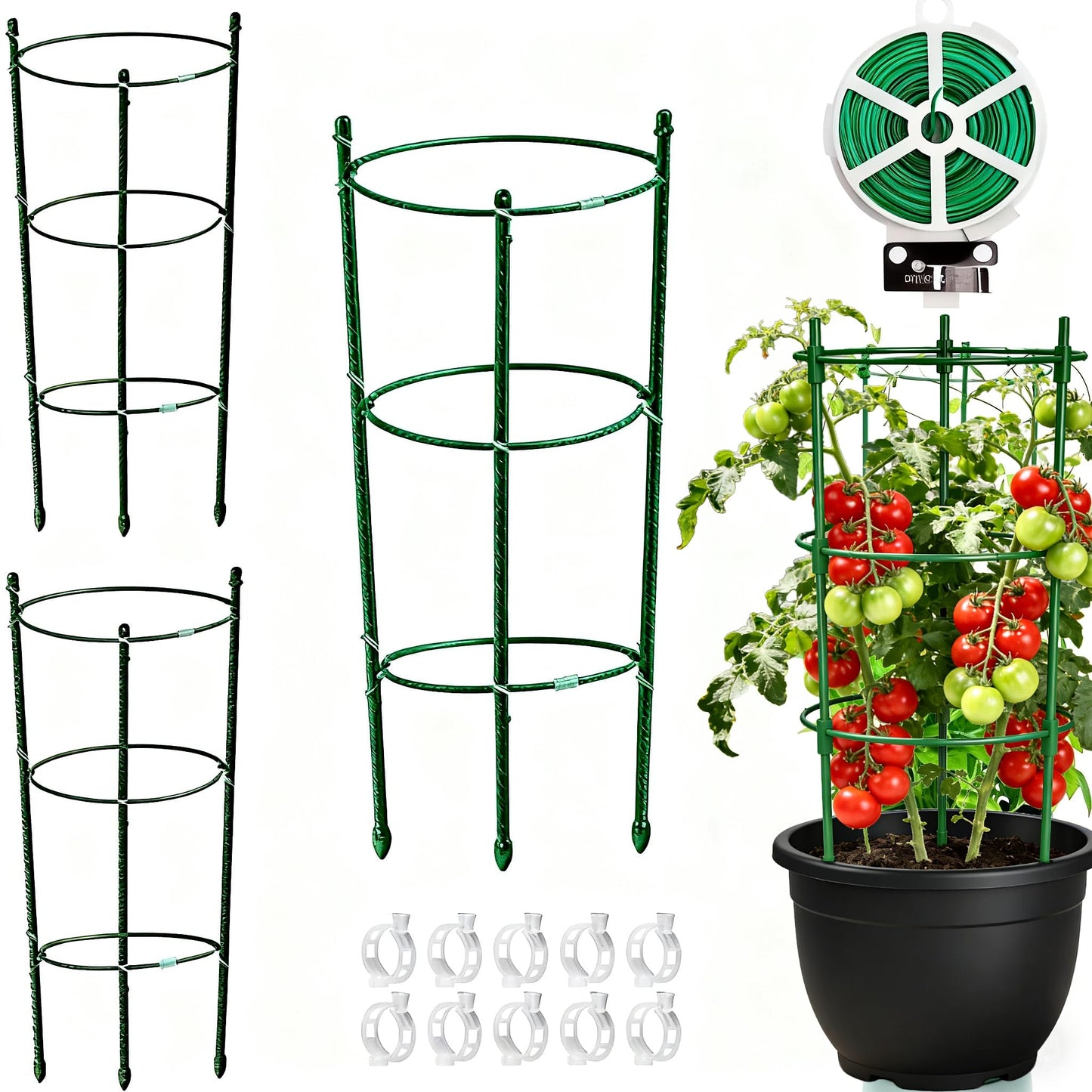 Tomato Cage Plant Support with Adjustable Rings, Orchid Stakes with Clips, Garden Trellis for Climbing Plants, Flower, Veggie, Includes Plant Ties & Clips (3 Pack, 18 Inches)