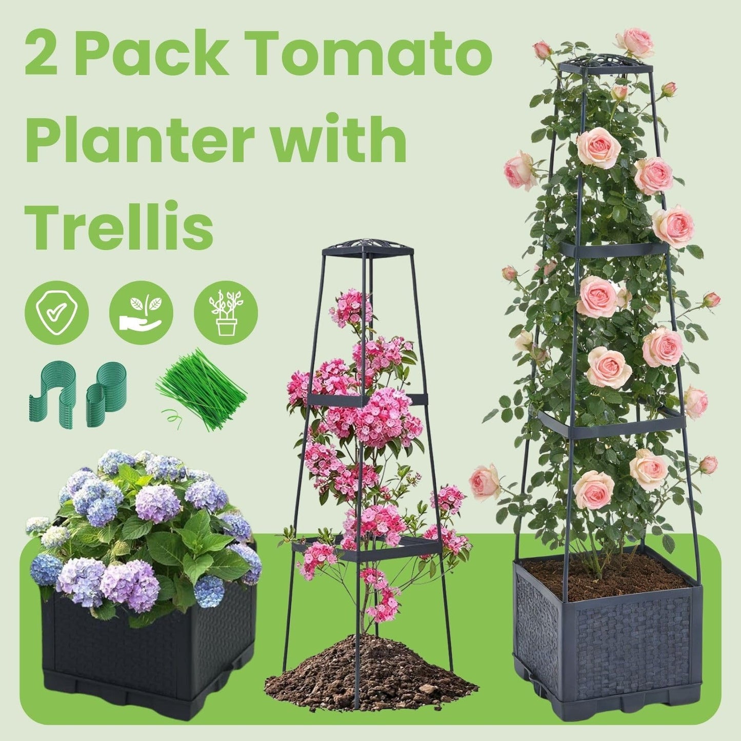 2 Pack Raised Garden Bed Tomato Planter with Trellis - 45" Self Watering Planters Box with Trapezoidal Trellis for Climbing Plants Vegetables Flowers - Tomato Cages for Greenhouse Indoor Outdoor
