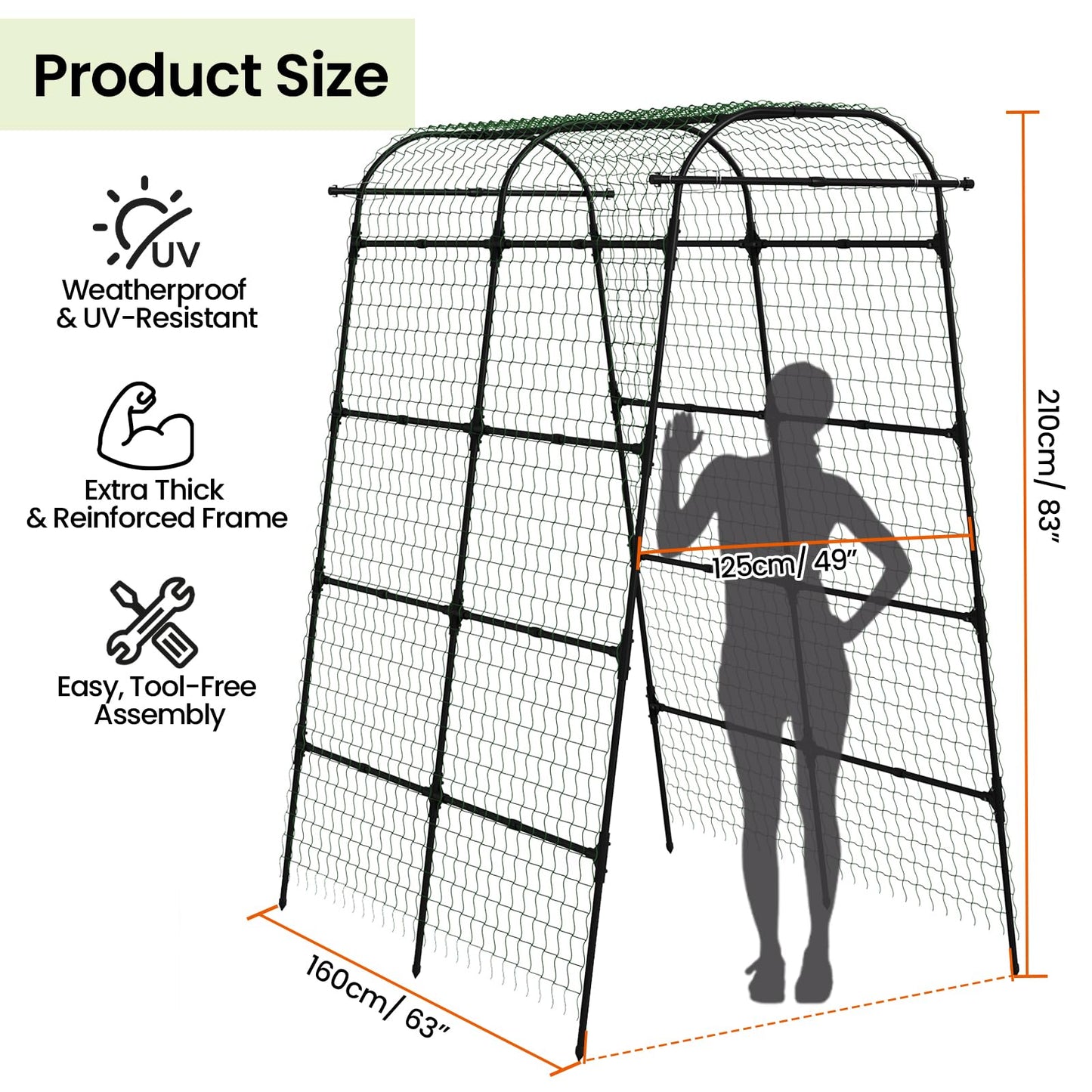 Large Garden Arch Trellis 63" x 49" x 83" Heavy-Duty Plant Support Structure with Nylon Netting & 100 Leaf Ties – Reusable Climbing Plant Trellis for Vegetables, Fruits & Flowers
