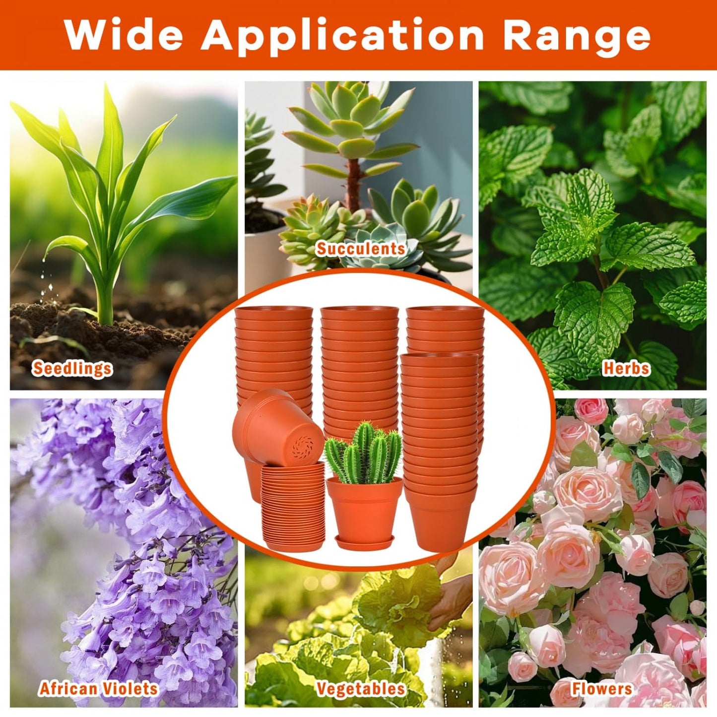 June Fox 60 Pack Small Plant Pots Indoor 4 Inch Plastic Planter with Drainage Holes and Saucers Premium Terracotta Pots Bulk for Succulent, African Violets, Flowers, Seed Starting