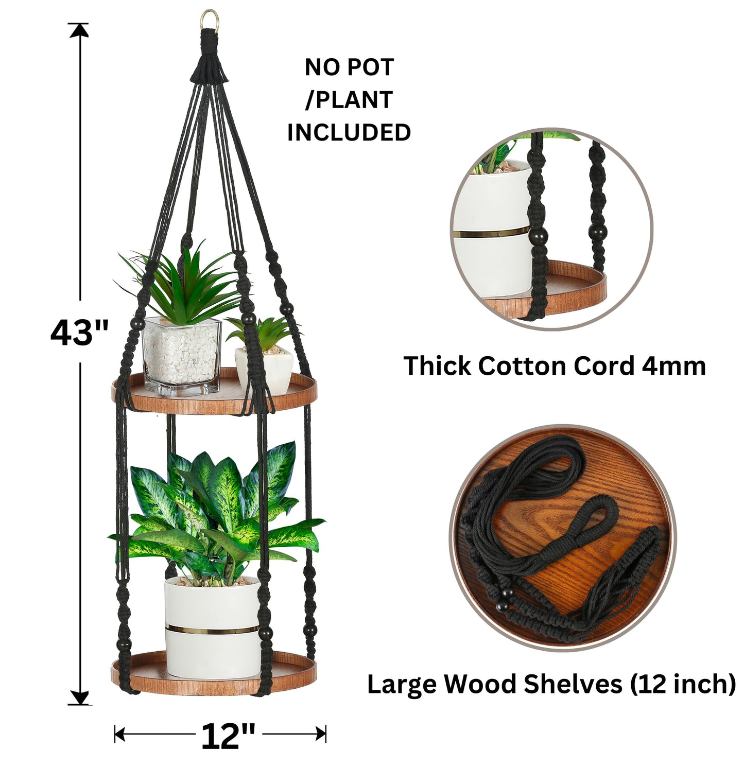 Shineloha 2 Tier Macrame Plant Hanger | Plant Hanger Indoor, Hanging Planter | Hanging Planter Shelf (Black) (Large, 12" Shelf)