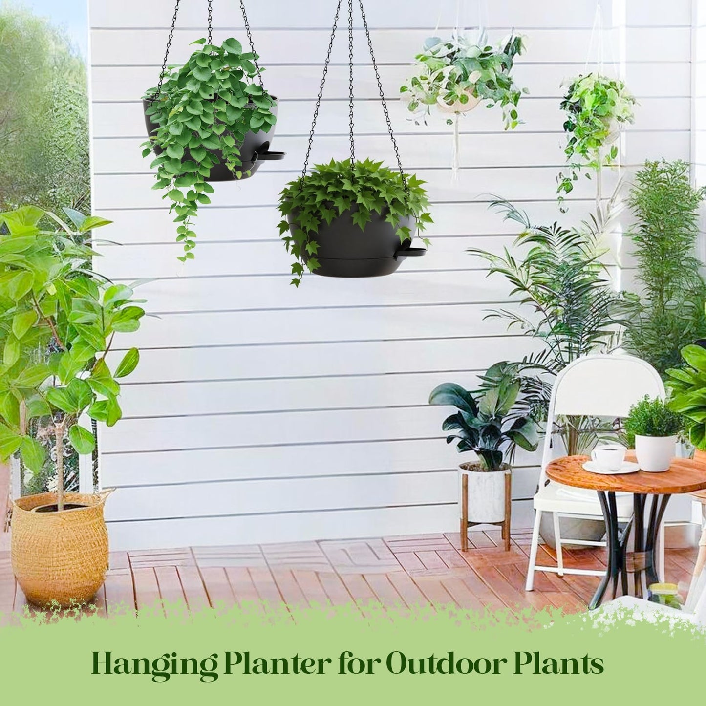 zople 2 Pack 10 Inch Self Watering Hanging Planters for Indoor Plants, Large Black Plastic Hanging Pots with Chains for Outdoor Patio Garden Home Decor (Black)