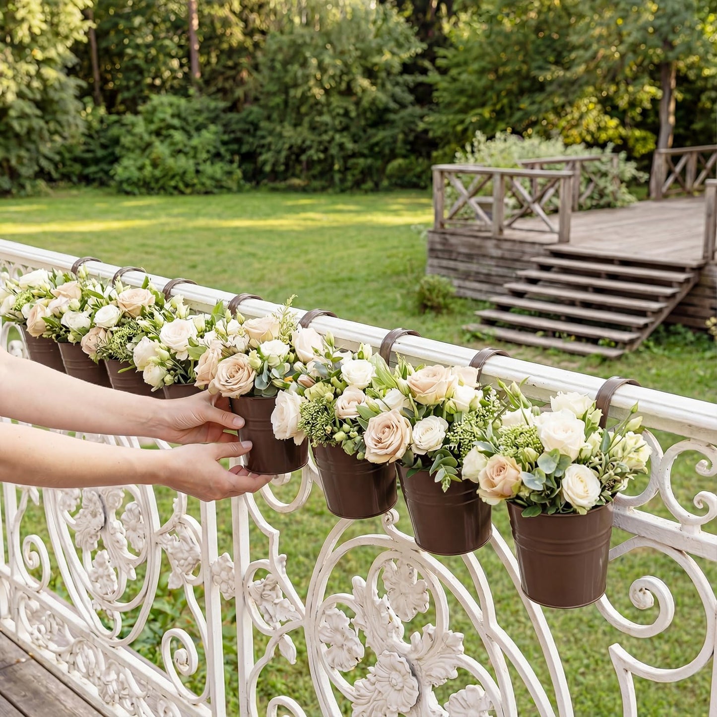 HowRU Hanging Flower Pots, Railing Planter Box for Outdoor Plants 12 Pack 5 Inch Metal Hanging Planters with Detachable Hooks Balcony Window Fence Garden Decoration Flower Boxes(Bronze(5in))