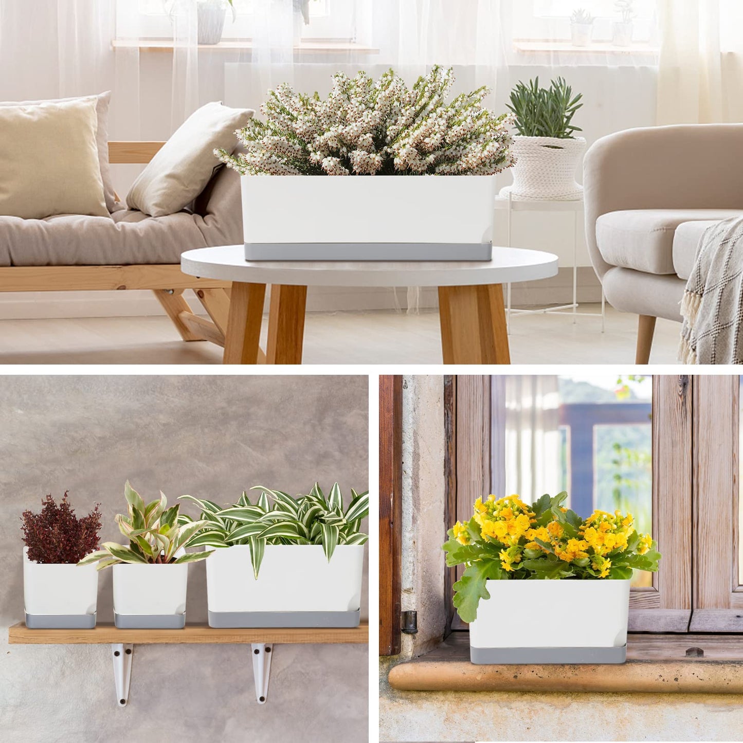 Vugosson Self Watering Planters Pots for Indoor Plants, 7 Pack Plastic Planter Box Flower Pots for Indoor Outdoor Plants, Rectangle Herb Planter Window Boxes Planterswith Drainage, Light Gray Tray