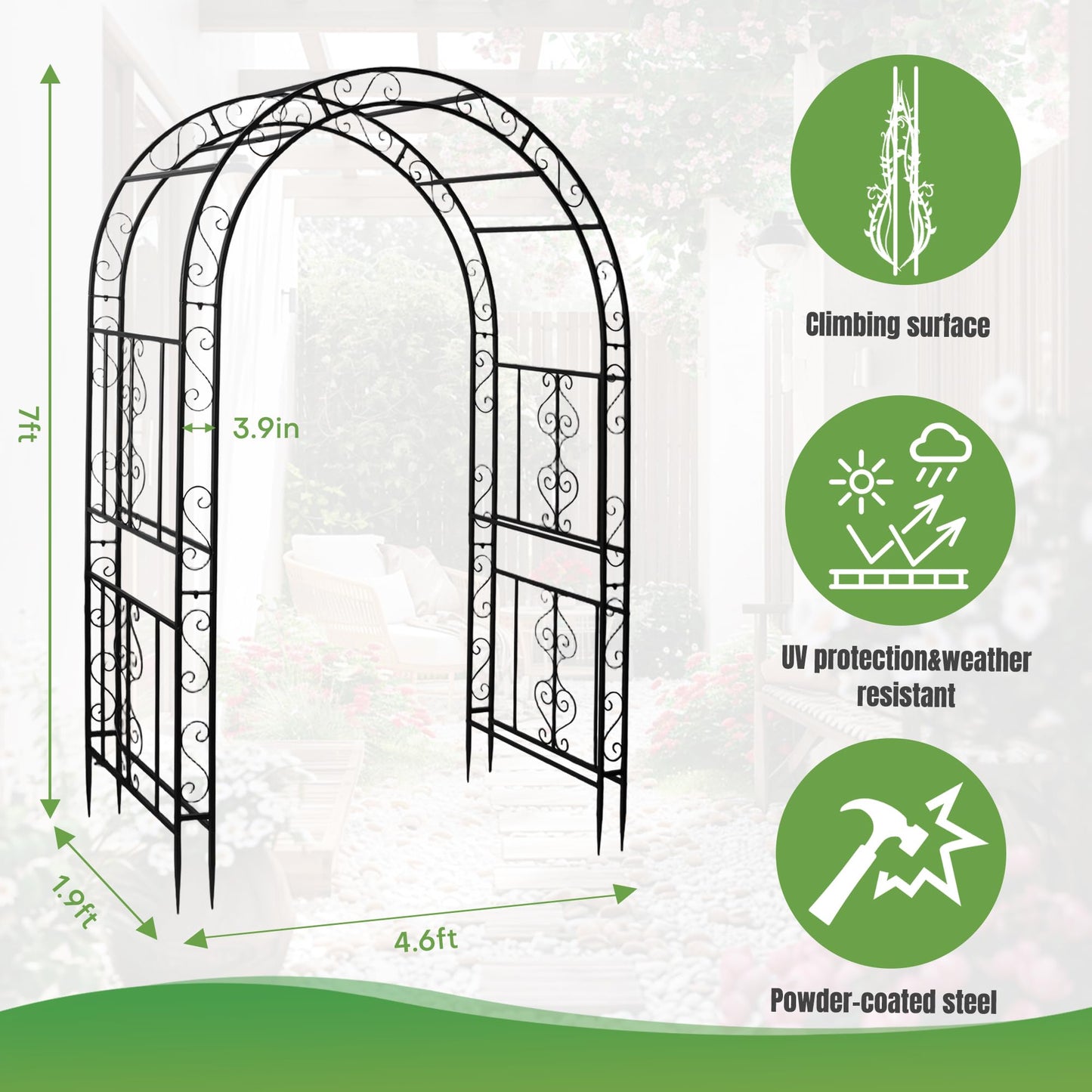 Solaroxy 7FT Black Garden Arbor Trellis, Outdoor Metal Garden Arch for Climbing Plants Flowers Vines, Metal Lightweight Wedding Decoration Frame Archway for Lawn Bridal Party Ceremony Holiday Event