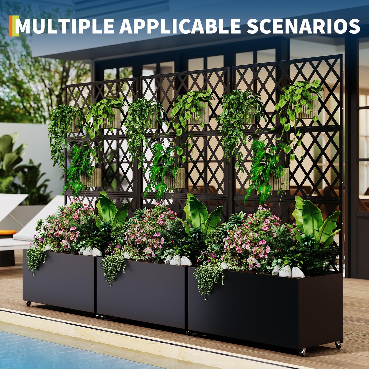 STMHOM Mobile Galvanized Steel Raised Garden Bed Kit with Trellis and Privacy Screen, 71"x35"x16" Planter Box on Wheels for Vegetables, Vines, Patio, Deck, Yard, Black