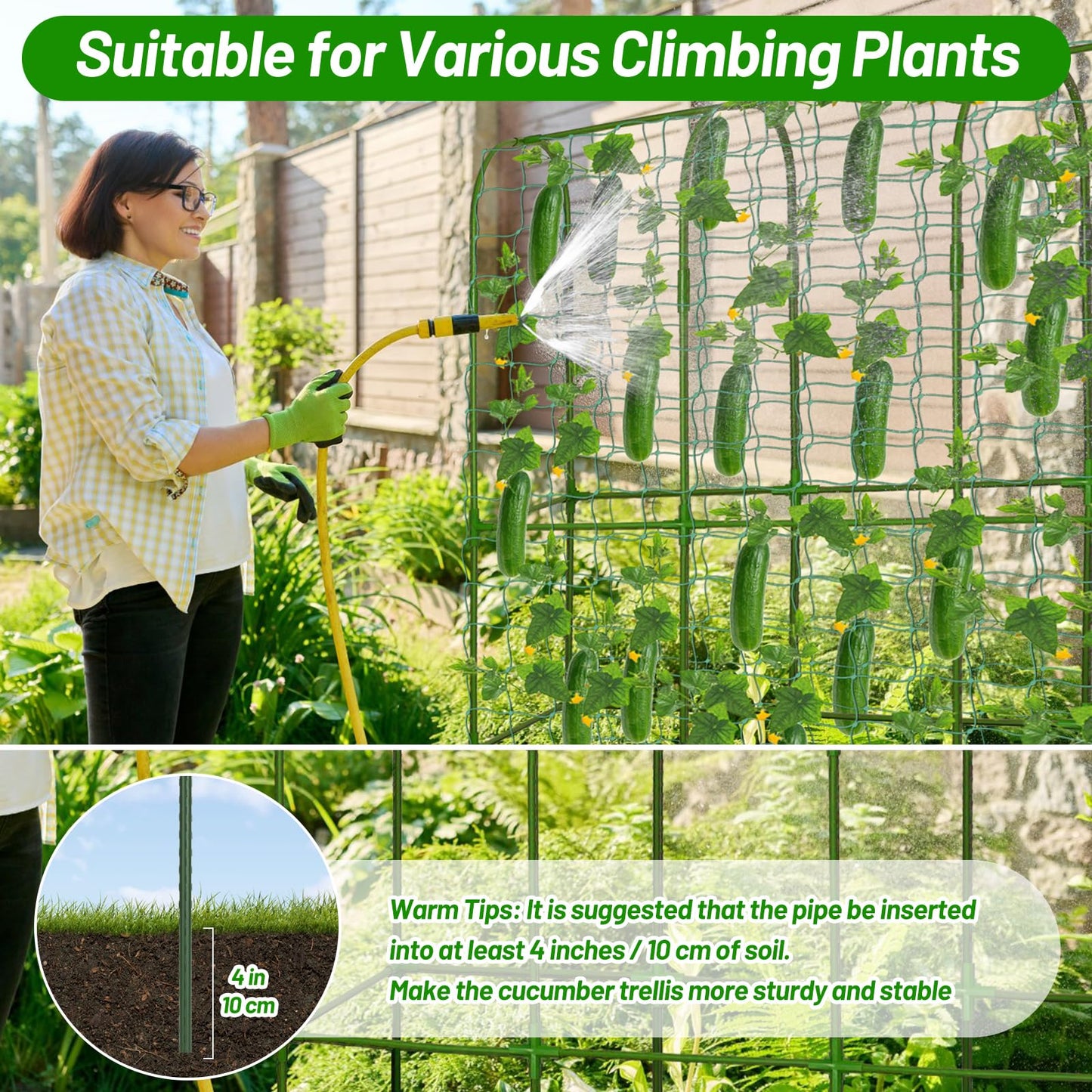 U-Shape Cucumber Trellis with Fabric Raised Garden Bed 65x50 Inch Metal Garden Arch Trellis with Net, Climbing Plants Vegetables Heavy-Duty Outdoor Plant Support for Pea, Grape, Squash, Tomatoes