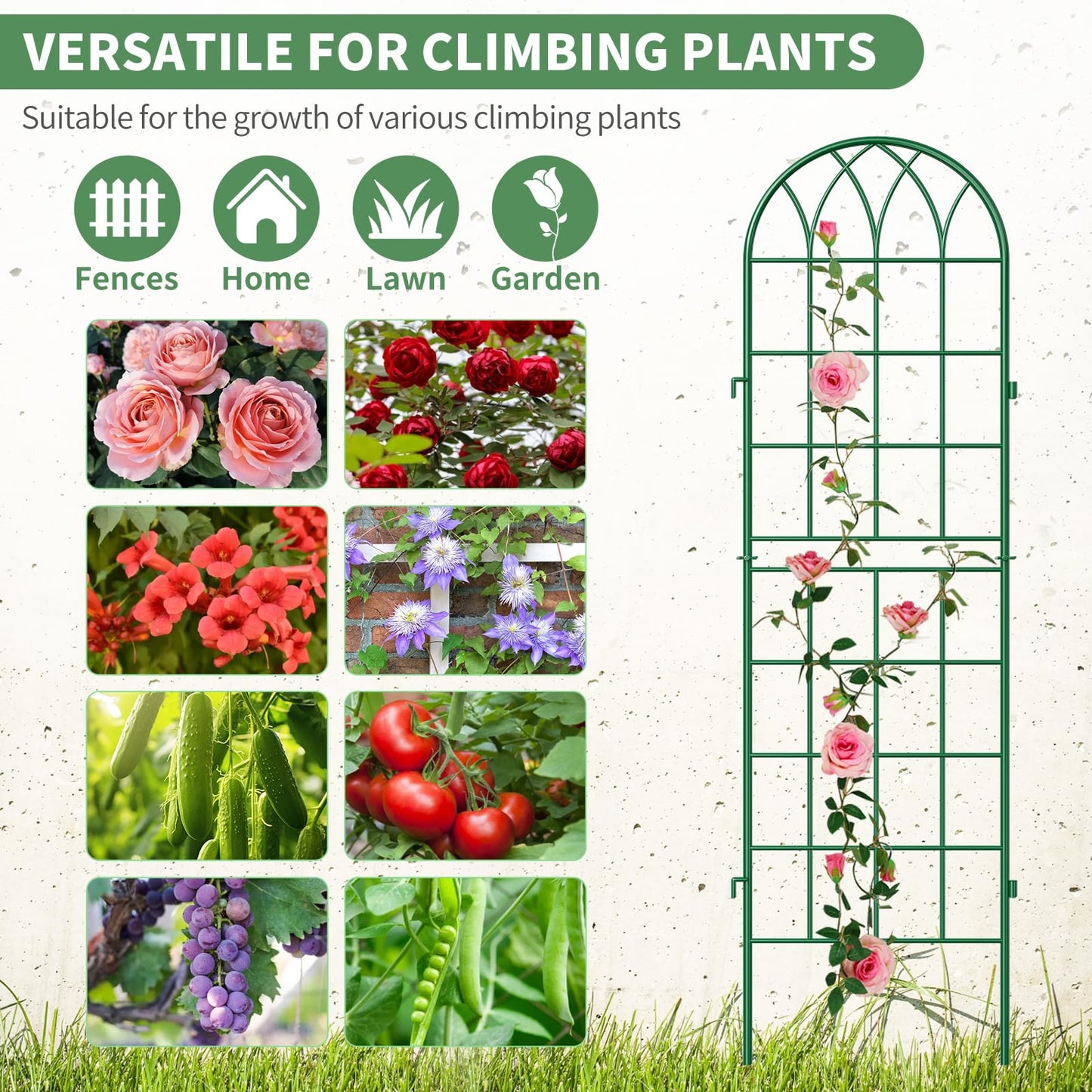 SUNYRISY 4Pack Metal Garden Trellis for Climbing Plants Outdoor, 59x16in Metal Plant Support for Flowers Tomato Cucumber Rose Vegetable Garden Courtyards Lawns Decoration, Green