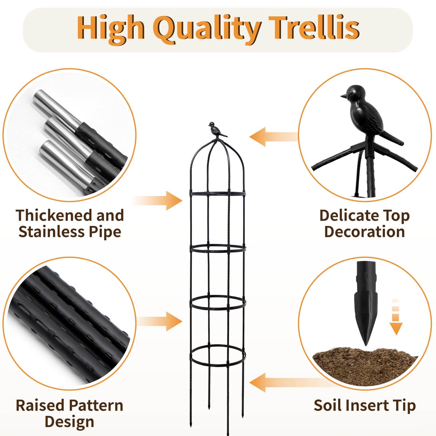 SORANGEUN 2 Pack Garden Obelisk Trellis for Climbing Plants Outdoor, 6FT Adjustable Metal Plant Support with 3 Decorative Tops, Black Rustproof Trellis for Roses, Tomatoes, Clematis & Vines