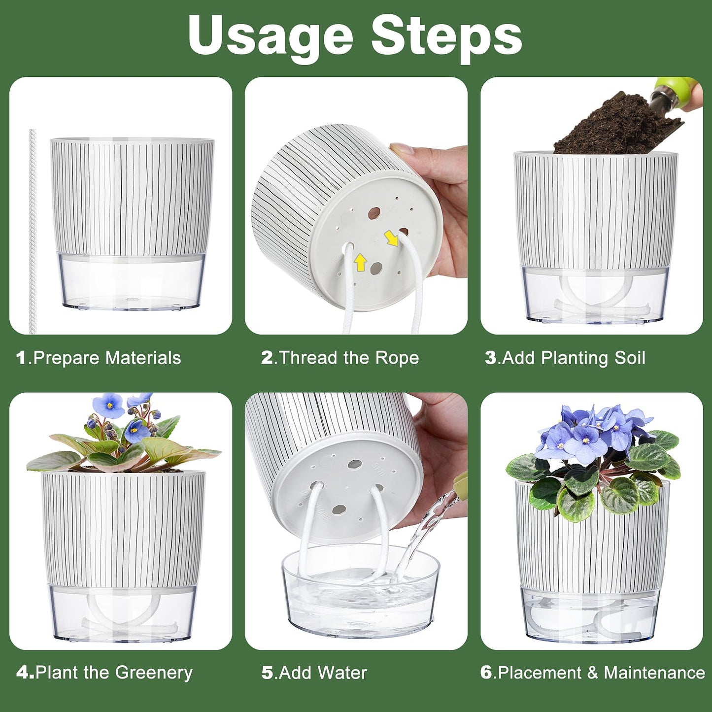 Samhe 3 Pack Self Watering Pots for Indoor Plants, 4+5.5+6.3 Inch Self Watering Plant Pots, Flower Pots with Wick Rope and Reservoir - Black Stripes
