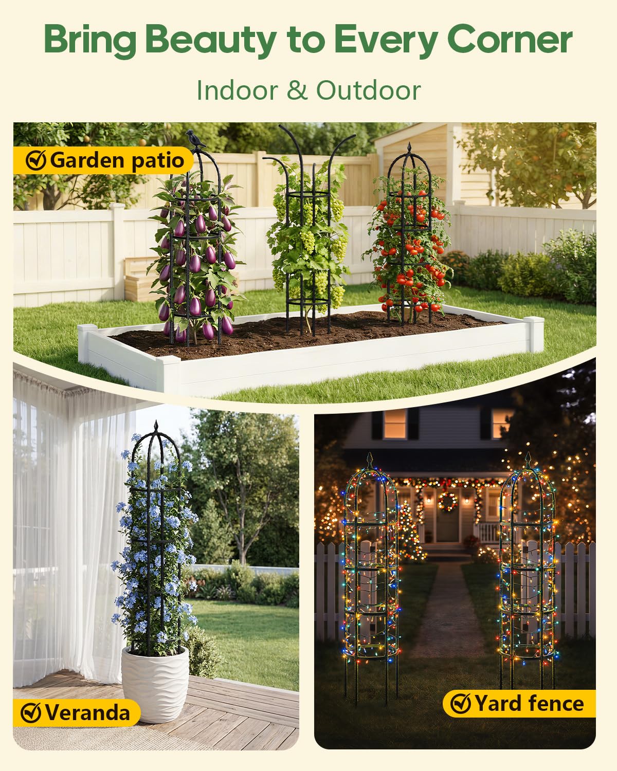 Joyhalo 2 Pack Trellis for Climbing Plants Outdoor, 6.2ft High Adjustable Garden Trellis for Flowers, Black Plastic Coated Steel Plant Stakes Use As Tomato Cage