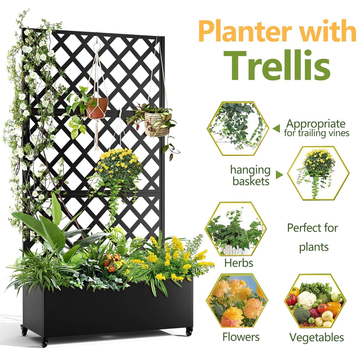 IDEALHOUSE Metal Planter Box with Trellis, 72"x35"x15.7" Galvanized Raised Garden Bed on Wheels with Drainage Holes, Outdoor Planter for Climbing Plants Vines & Privacy Screen, Diamond Lattice