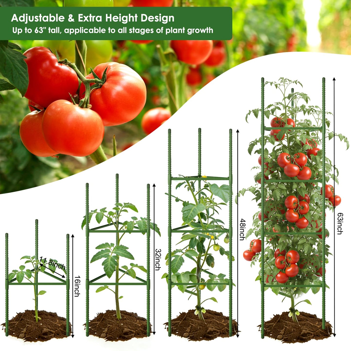 CEWOR Tomato Cage - 3 Pack Tomato Trellis, 63 Inch Tomato Cages for Garden, Extra Tall Plant Support Triangle Structures Garden Stakes for Climbing Plants Outdoor, Pots, Raised Garden Bed, Vegetables