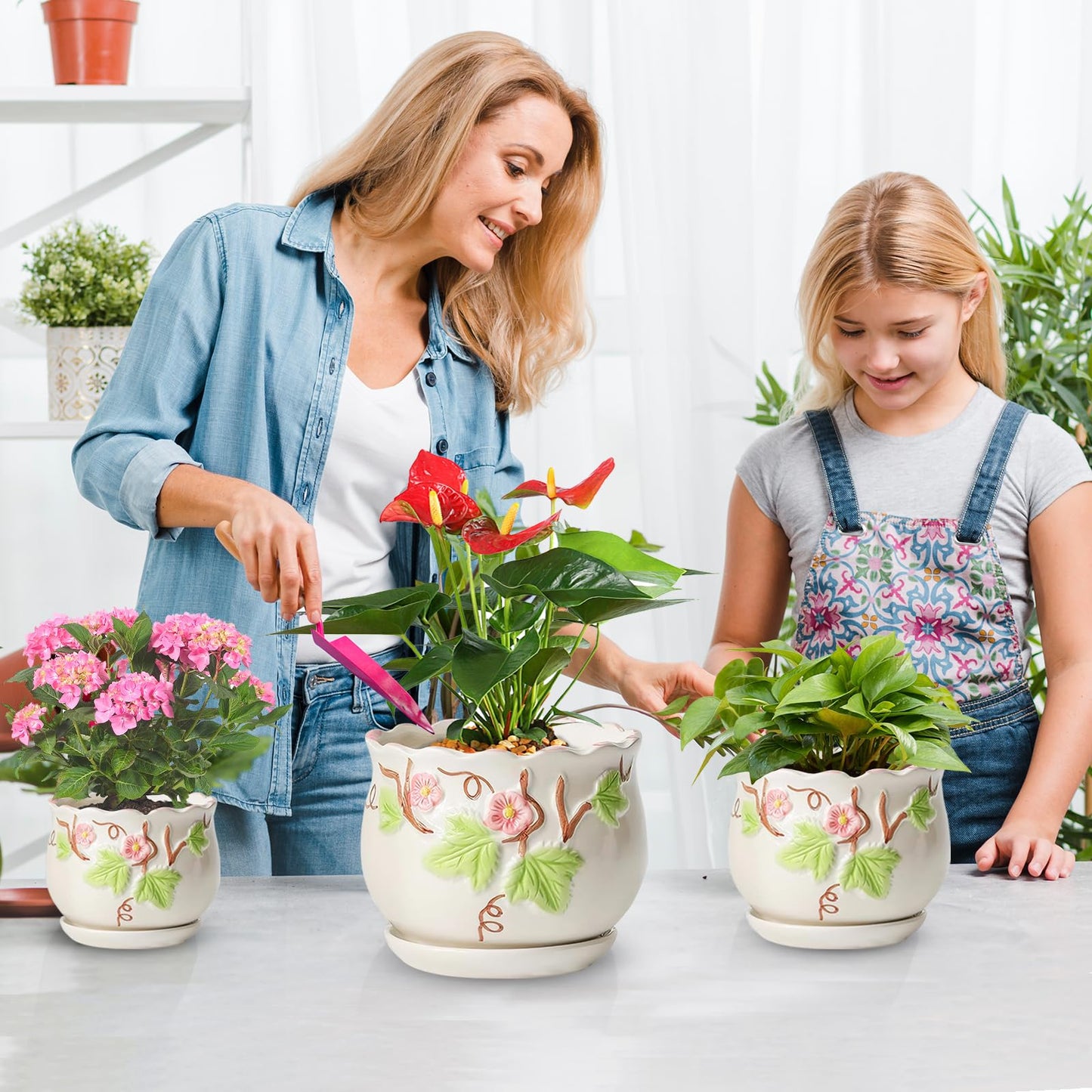 XIRYAER 3 Piece Ceramic Plant Pots with Drainage Hole and Saucer,6.7/5.1/3.9inch,Modern Decorative Planters for Indoor Plants,Round Flower Pot for Succulents,Herb Snake Plants(White)