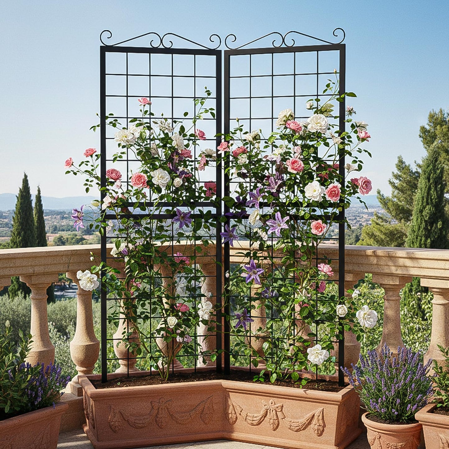 SUNYRISY 2Pack Metal Garden Trellis for Climbing Plants Outdoor, 71x20in Metal Plant Support for Flowers Tomato Cucumber Rose Vegetable Garden Courtyards Lawns Decoration, Black