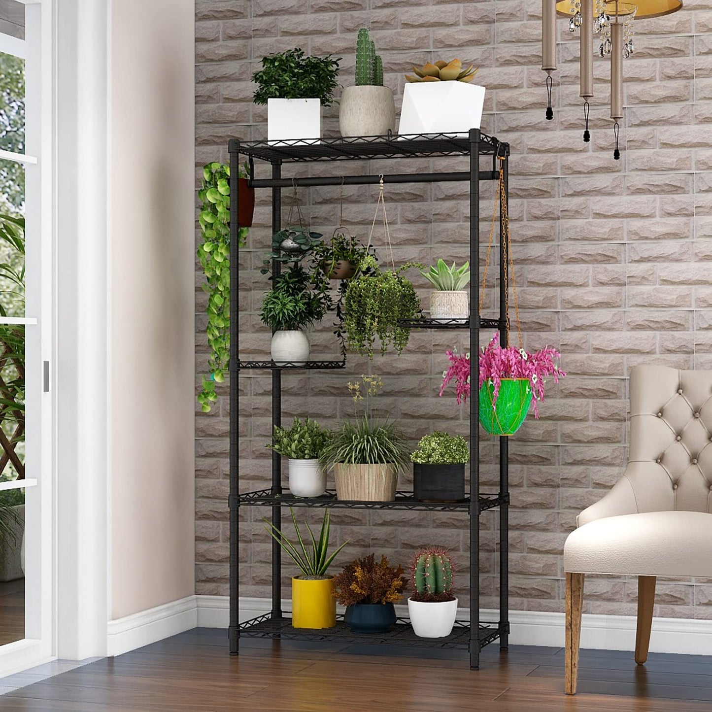 Xiofio Plant Stand for Indoor Outdoor,Metal Plant Stands,Adjustable Plant Shelves with Hanging Rod for Bedroom Living Room Balcony Garden,Black