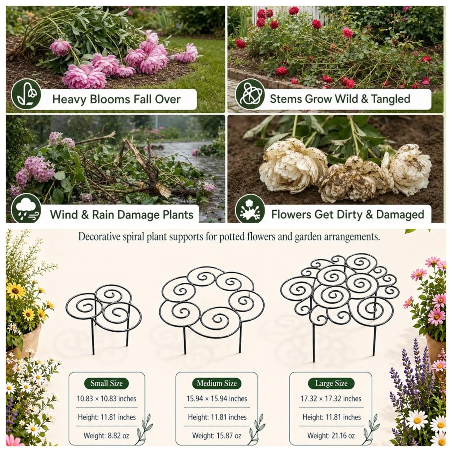 Peony Cages and Supports–Heavy Duty Metal Plant Support Ring for Garden, Grow Through Plant Support Stakes for Roses Hydrangeas, Outdoor Flower Cage with Weather-Resistant Iron Frame (2 pcs smal)