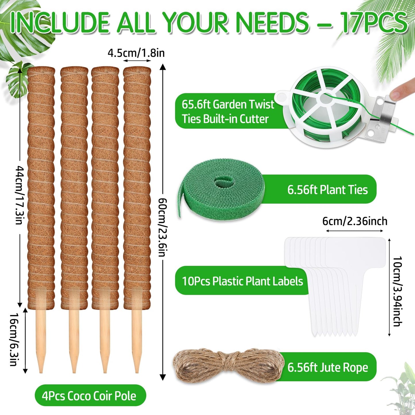 ROADPLUM 4 Pack 21.7" Coco Coir Poles, Stackable Plant Stakes Moss Pole for Plant Monstera with Twist Ties Plant Ties Labels Jute Rope, Plant Sticks Support for Climbing Plants Growth Indoor