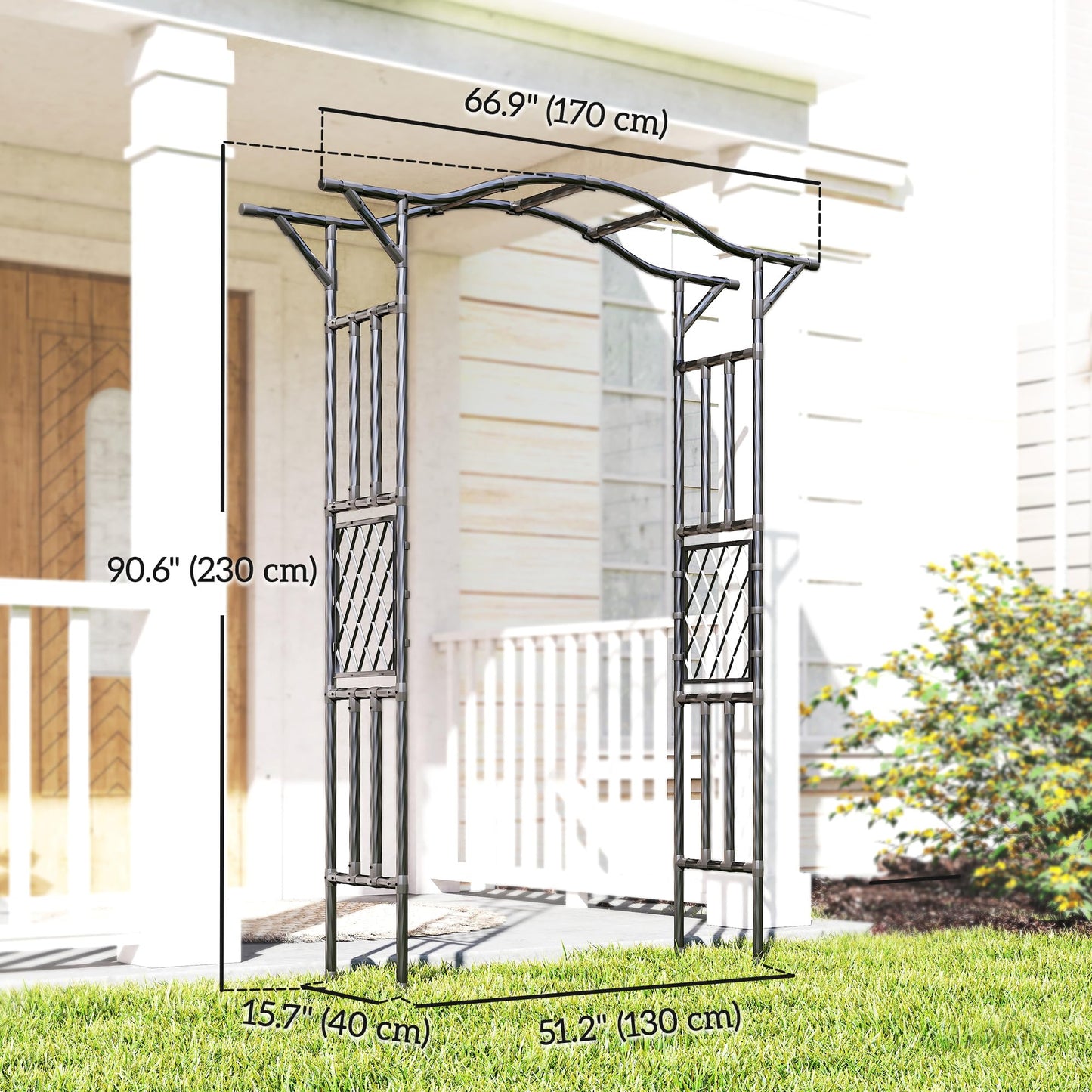 Outsunny Garden Arch, 7.5ft PE-Coated Steel Garden Arch Trellis for Climbing Plants, Arbour Archway with Extended Top for Wedding Ceremony Backyard Lawn Patio, Black