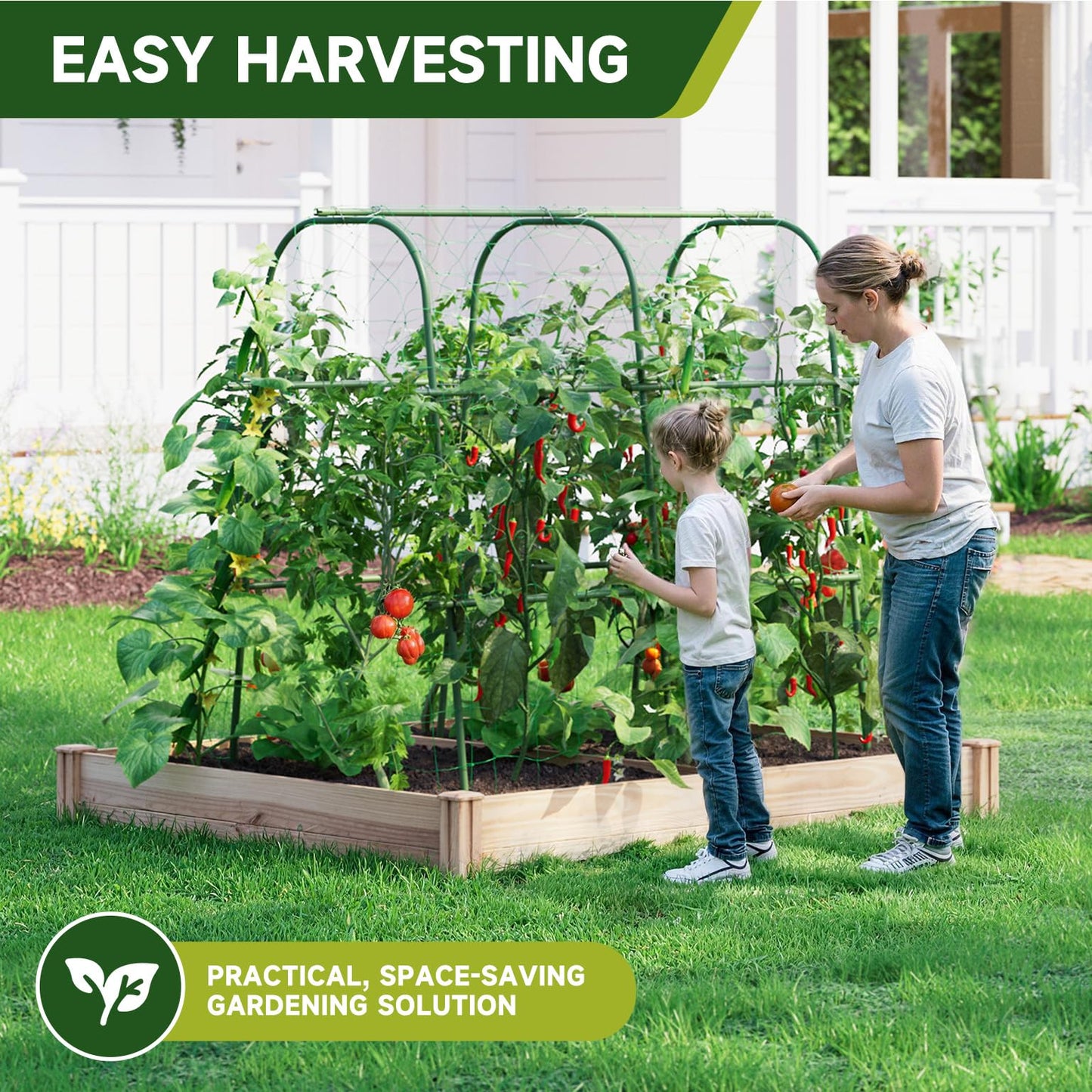 HIRALIY Cucumber Trellis for Climbing Plants Outdoor, 4ft Tall Heavy Duty Metal Garden Arch Trellis, Rustproof Plant Support Tunnel for Tomato, Grape, Bean, Raised Bed and Vegetable Gardens, Green