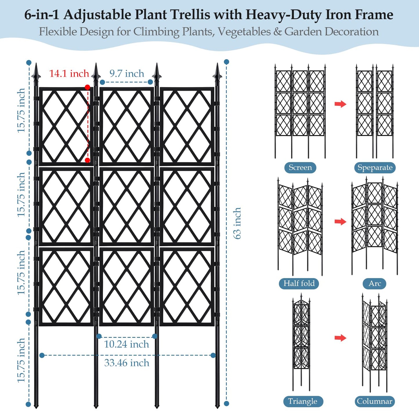 DEVISEFUN 5.25FT Metal Garden Trellis for Climbing Plants Outdoor and Indoor, Black Iron Pipe Support Fence Climbing Plant Frame Wall Trellis with Garden Twist Tie for Ivy Vines Vegetable Flower