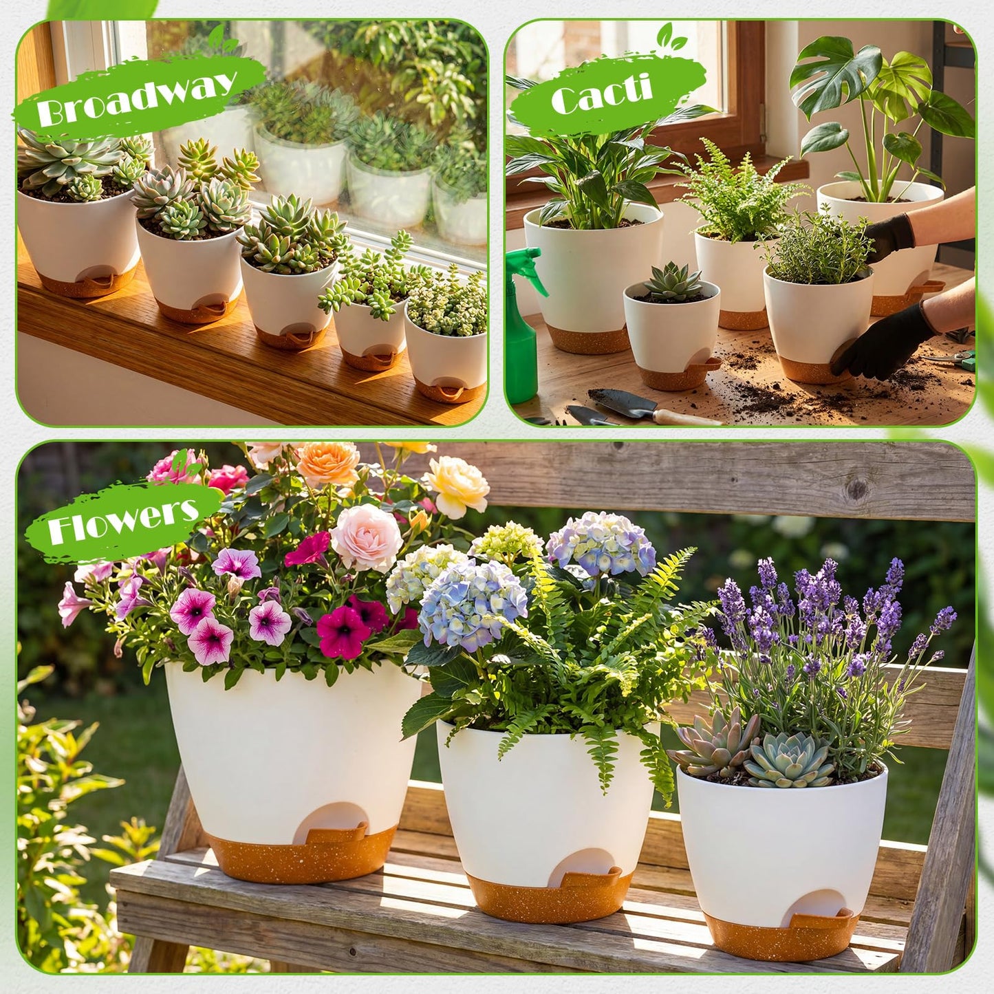Remerry 15 Pcs 7/6.5/6/ 5.5/5 Inch Self Watering Planters with Drainage Hole Plant Pots Plastic Flower Pots Self Watering Pot and Saucer Reservoir for Garden Plant Flower (White)