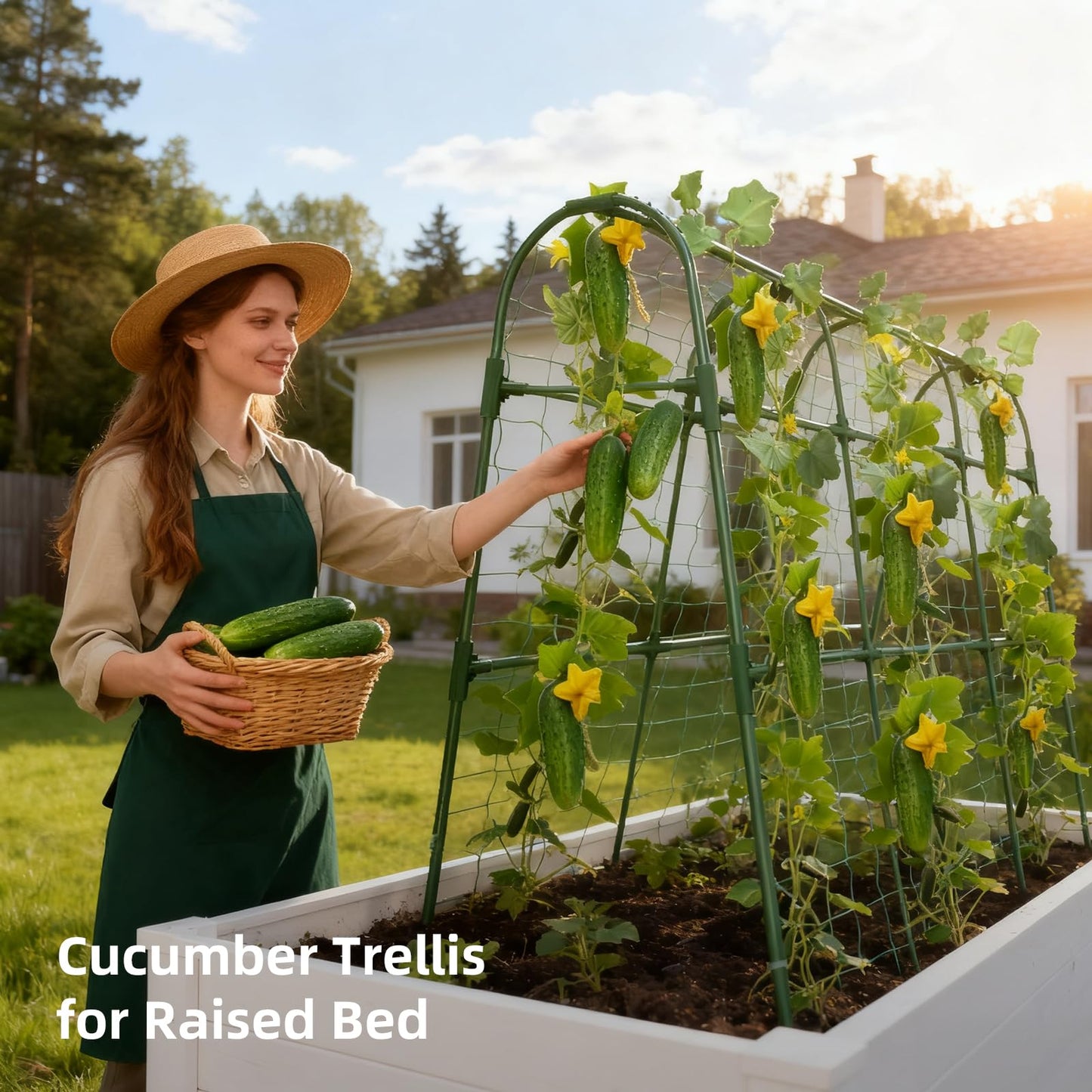 Laodier Cucumber Trellis for Raised Bed, U-Shape Garden Arch Metal Support for Climbing Plants, Metal Arch Plant Support Vegetables Trellis, Plant Support for Vine Outdoor (Green, 47*30*47inch(L*W*H))