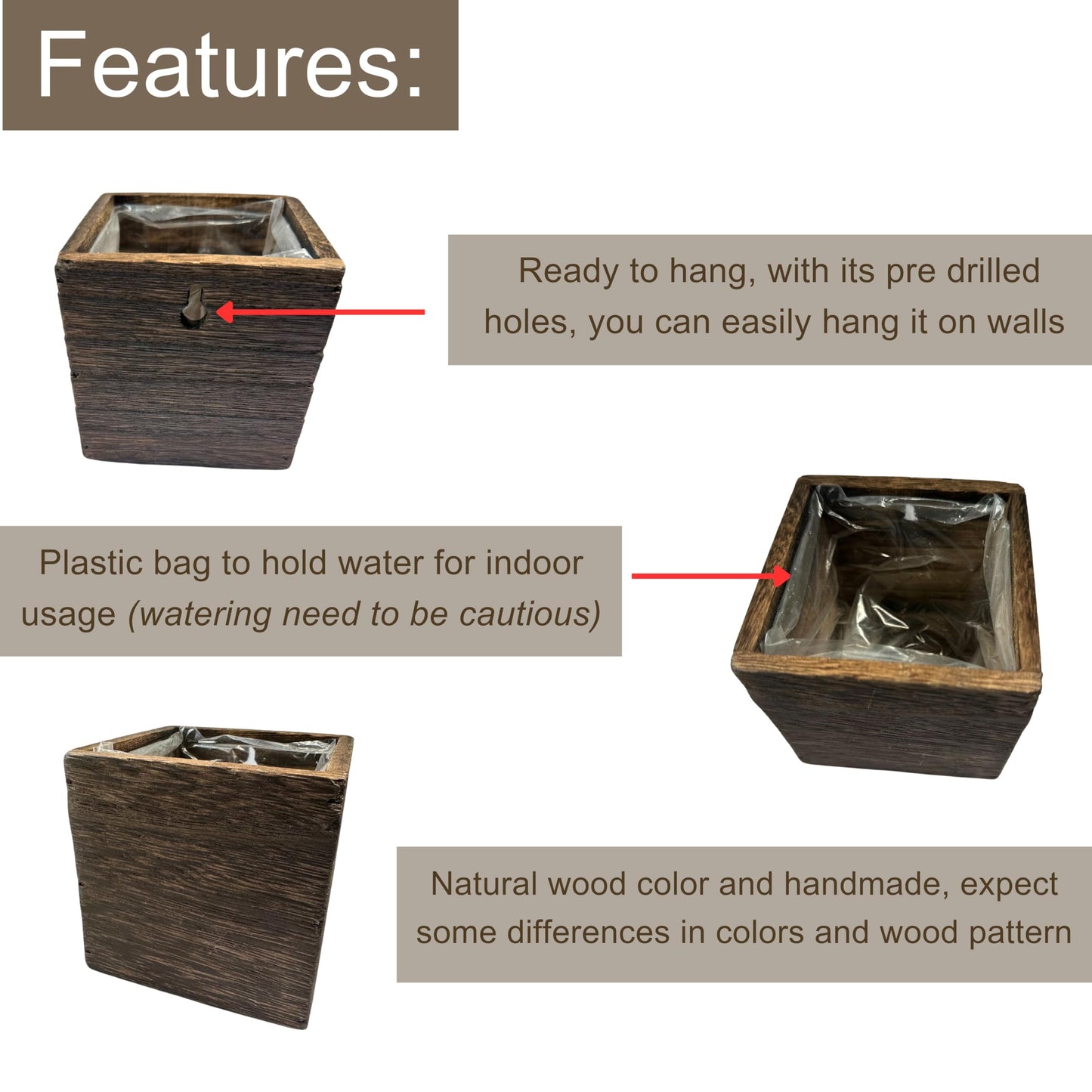 LaLaGreen Wood Planter Box for Plants (4x4 Inch, 2 Pack) Small Square Wall Planters for Indoor Plant, Window Hanging Flower Pot Wooden Boxes for Table Centerpiece Herb Balcony Home Garden Office Decor