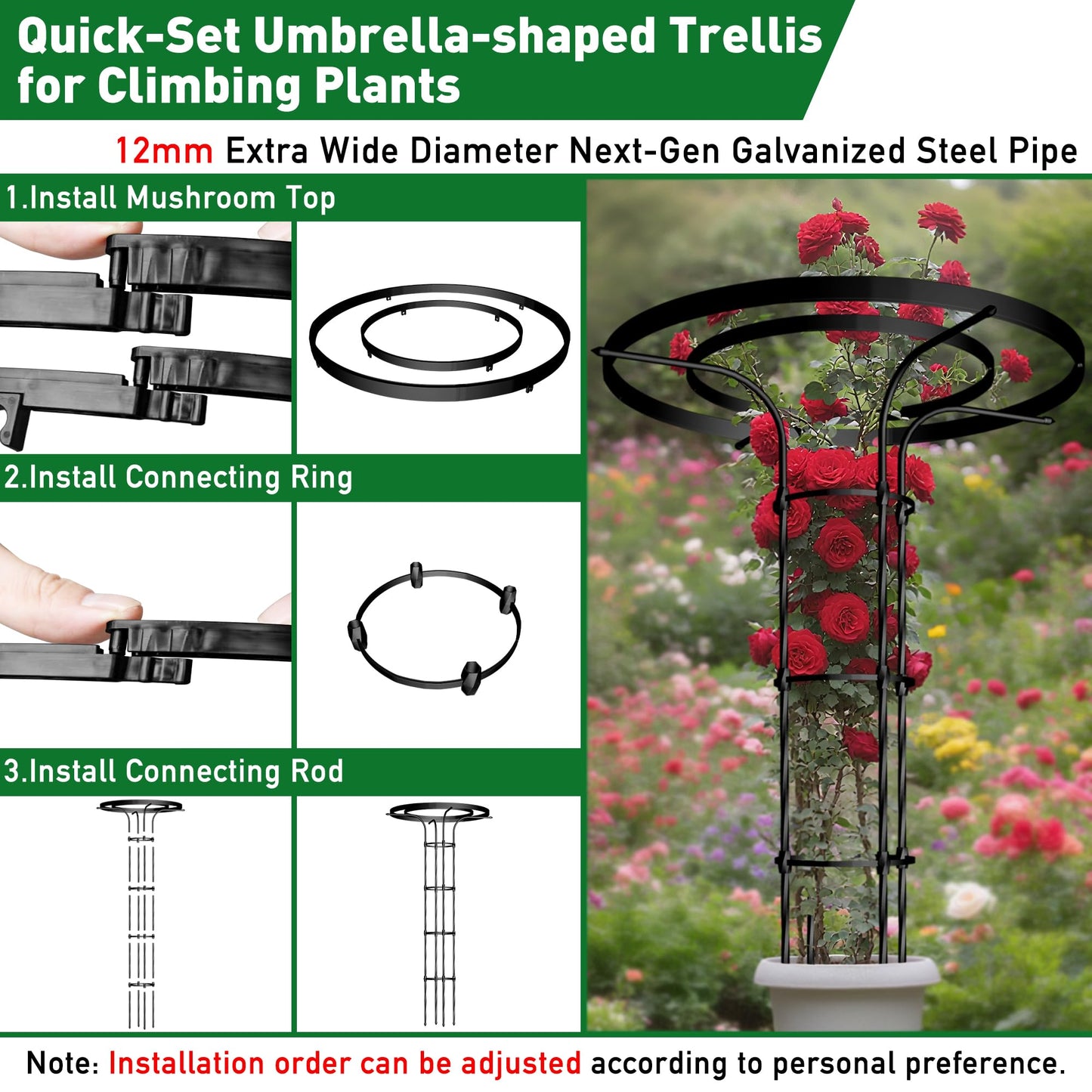 6.89FT Mushroom Top Obelisk Trellis for Outdoor Climbing Plants, Rustproof PE-Coated Metal Poles Support, Decorative Garden Trellis for Climbing Rose, Wisteria, Black