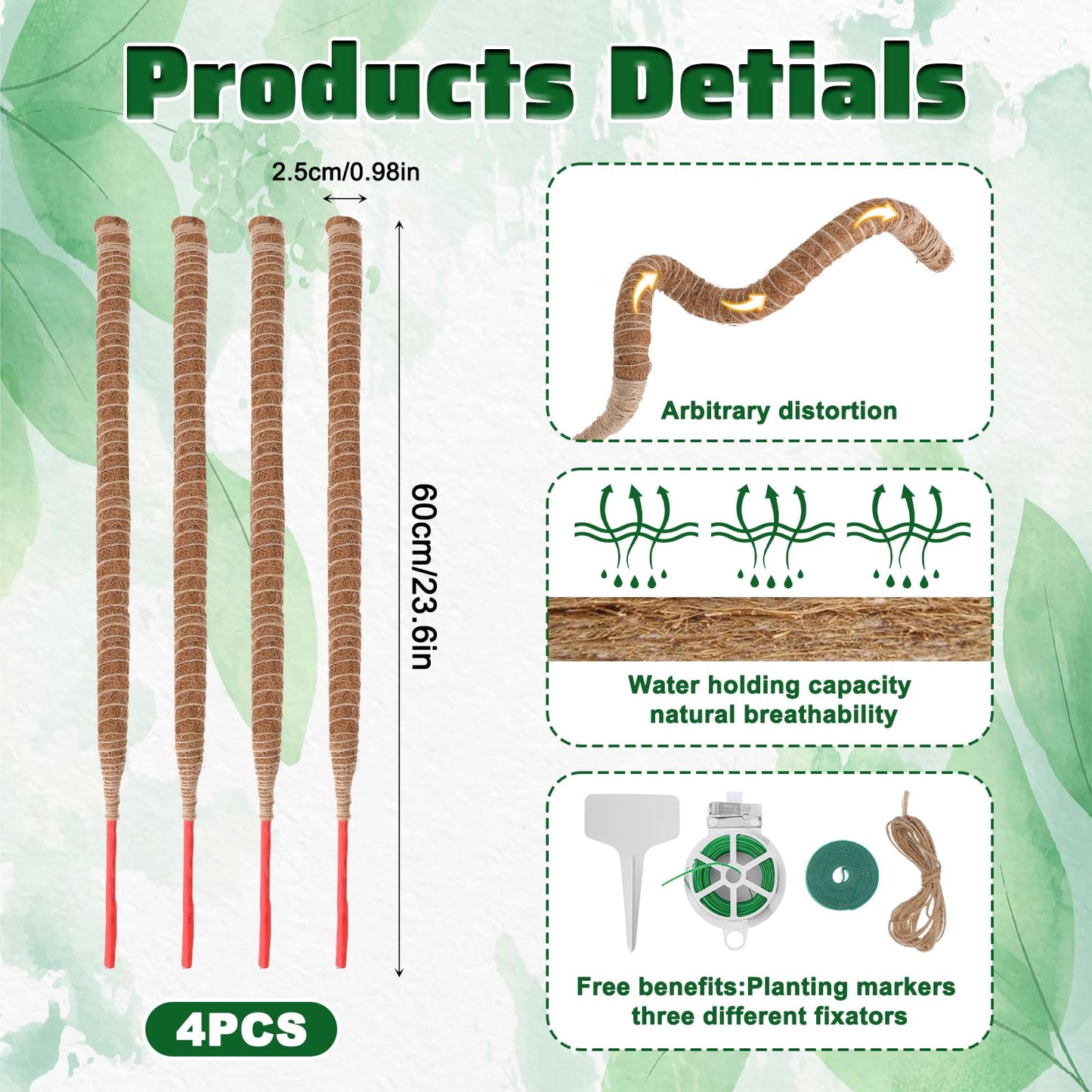 Afcabakila 4 Pcs Bendable Moss Pole for Monstera Plant Support, 24” Natural Handmade Coir Pole Stick for Climbing Plants Indoor Plant Stakes Real Moss Poles for Potted Plants to Grow Upwards