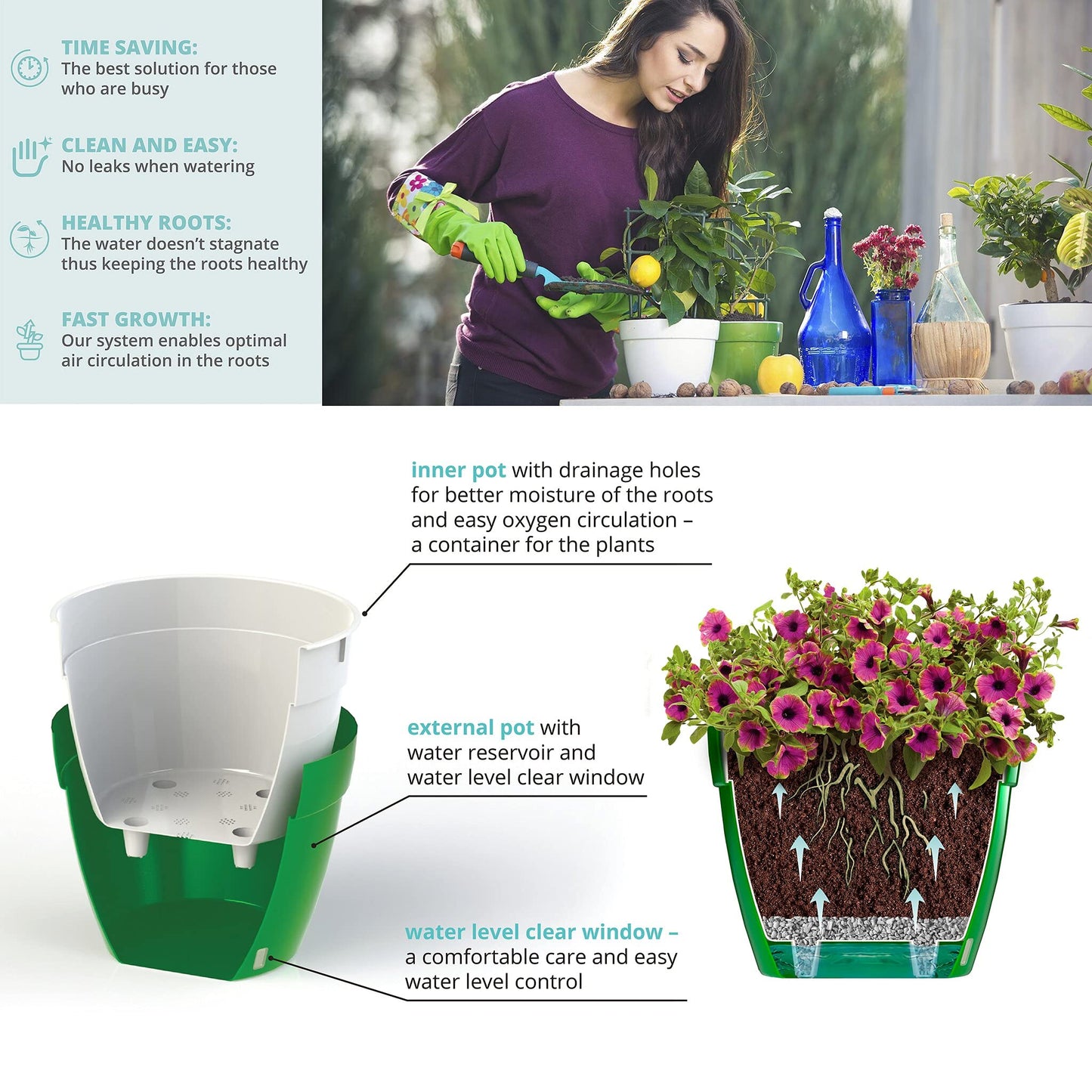 Santino ASTINO 9.2 Inch Self Watering Planter Green-Gold/White for Indoor Plants - Premium Quality Plastic Pot with Water Level Indicator for All House Herbs, Plants, African Violets and Dahlias