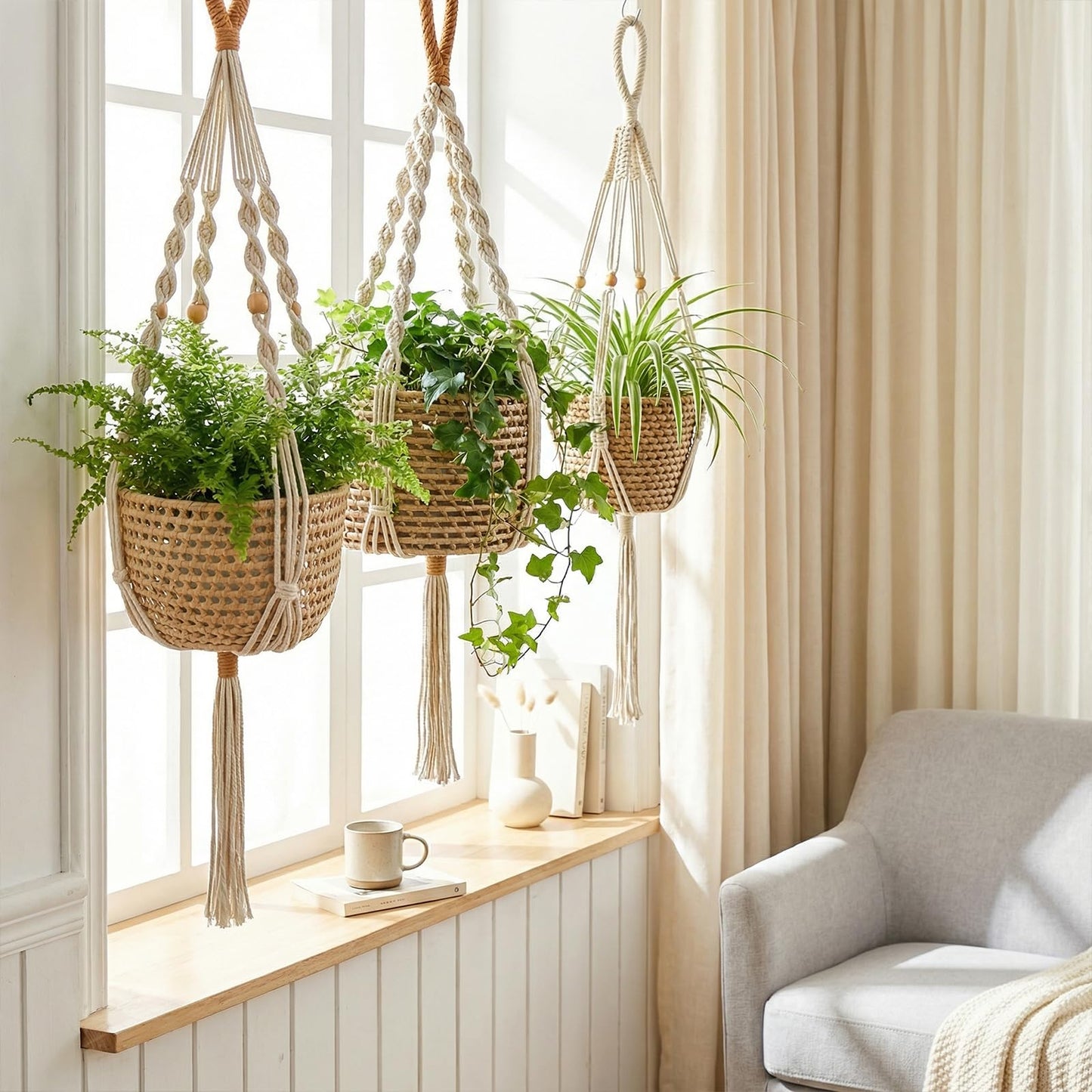 Sedvwed 3 Pcs Macrame Plant Hangers Indoor Hanging Plant Holder Boho Decor Hanging Pots Hanging Planters for Indoor Plants(Basket not Included)