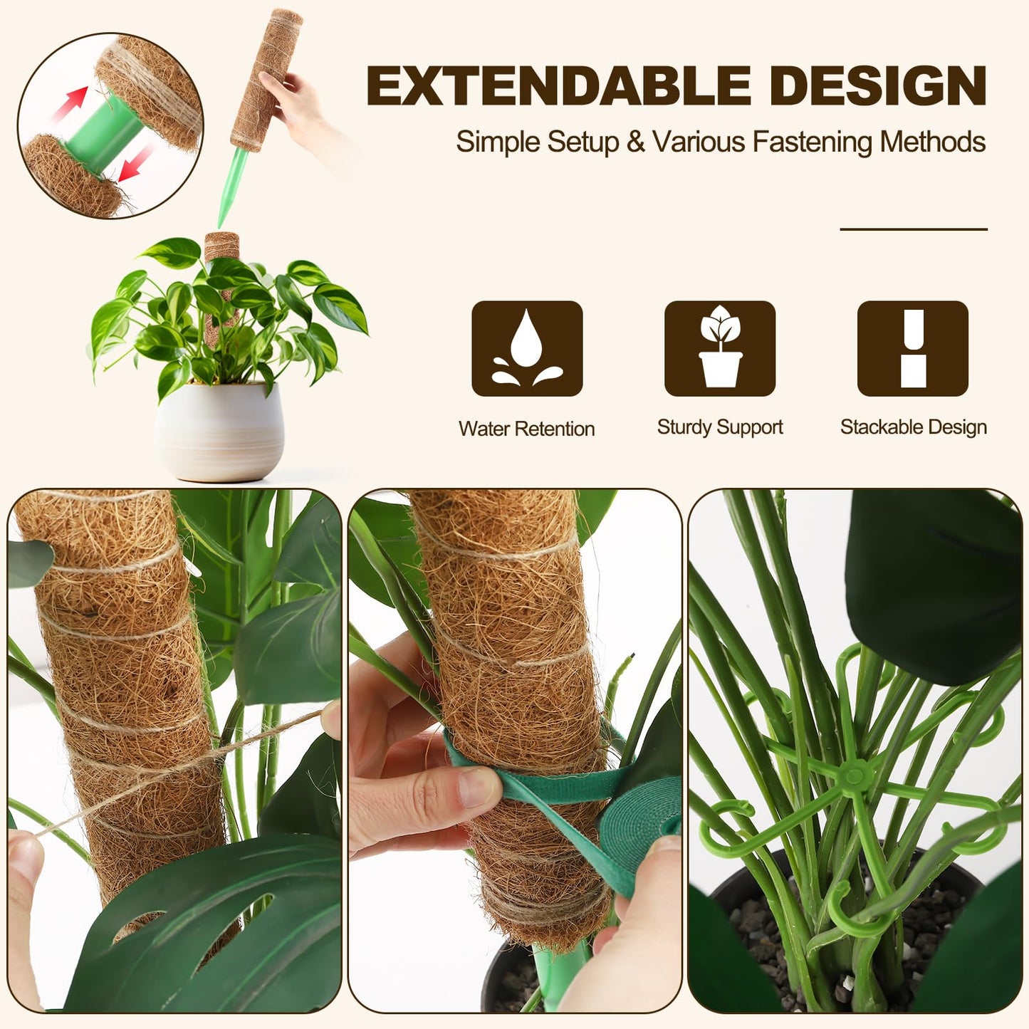 6 Pack Moss Pole for Plants Monstera,Stackable Moss Pole for Plants,Coir Totem Pole Tall for Climbing Plant,Sphagnum,Indoor Potted Plant with Garden Ties and Stem Support (3x17in + 3x12in)
