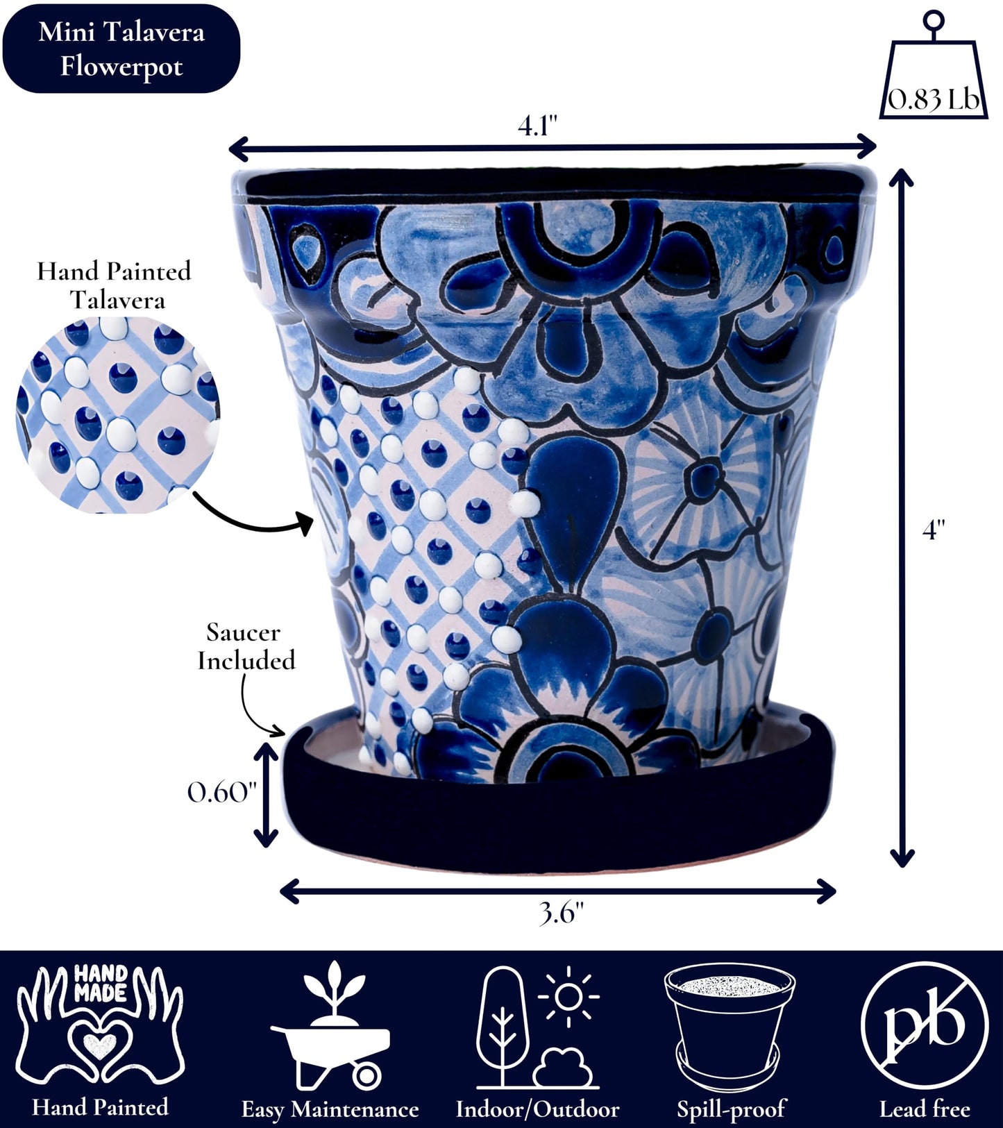 COBAZUL Mexican Pottery Planters - Talavera Planter - Succulent Pots - Ceramic Pots for Plants Indoor & Outdoor with Drainage Hole and Saucer - 4'' W x 4" H (White & Blue-Small)