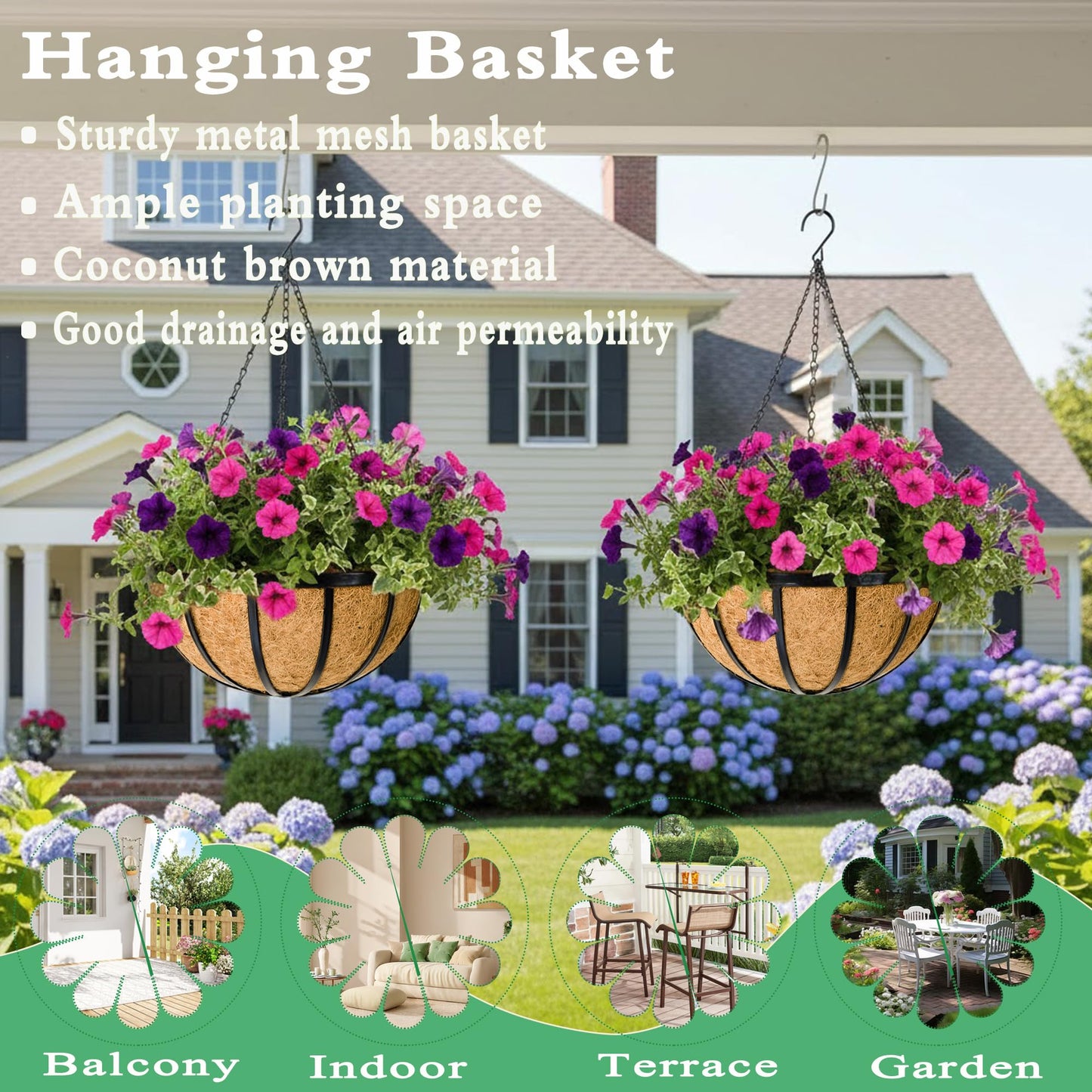 JFFLYIT 2 Pack 12 Inch Hanging Planters for Outdoor Plants Metal Hanging Planter Basket with Coco Coir Liner Round Plant Black Flat Iron Metal Flower Pots for Deck Patio Porch Garden Balcony