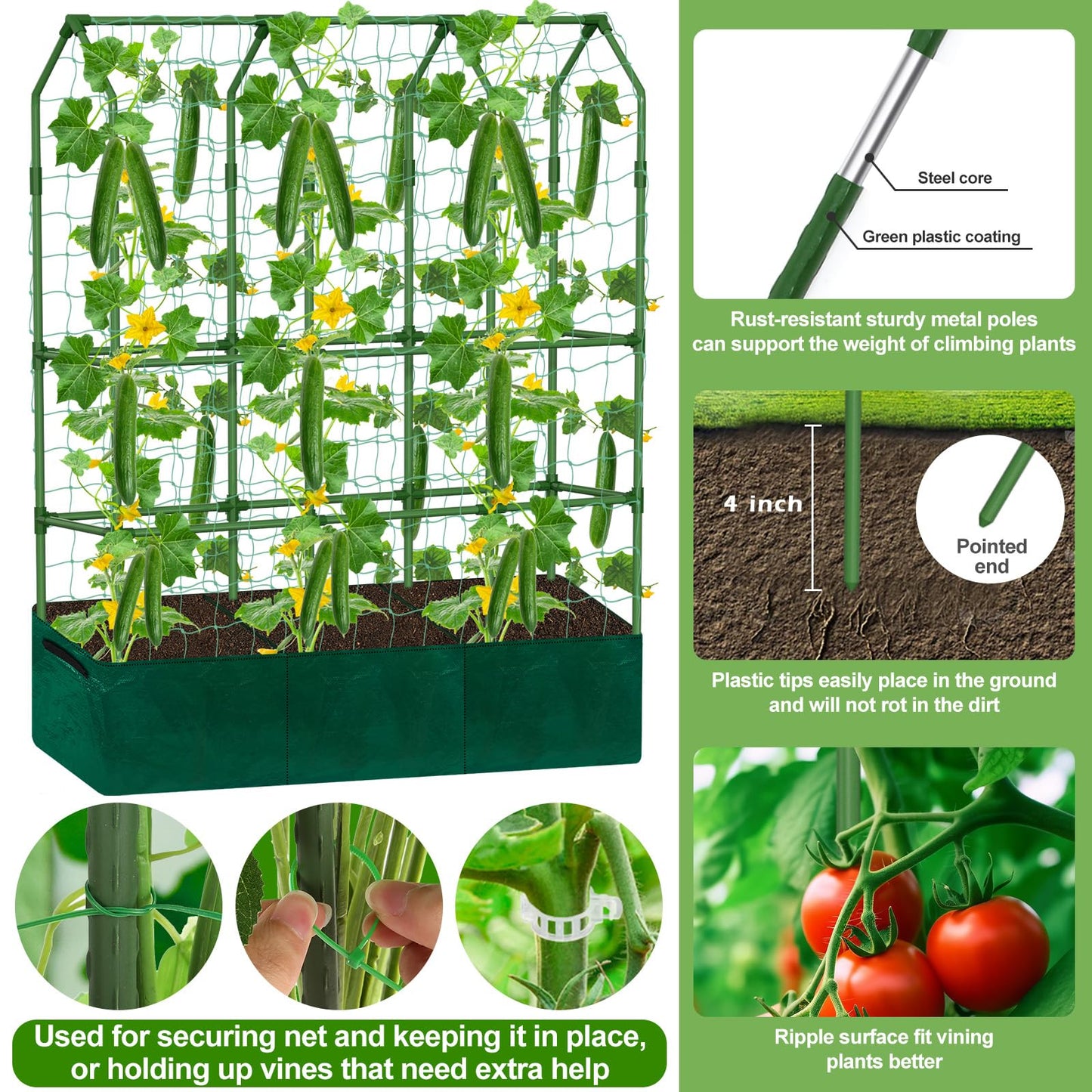 A-Frame Cucumber Trellis - 65 in (H) X 50 in (L) Supports Climbing Plants with Rectangle Raised Bed, Durable Garden Trellis for Outdoor Supporting Cucumbers Peas Vines, Includes Clips & Netting