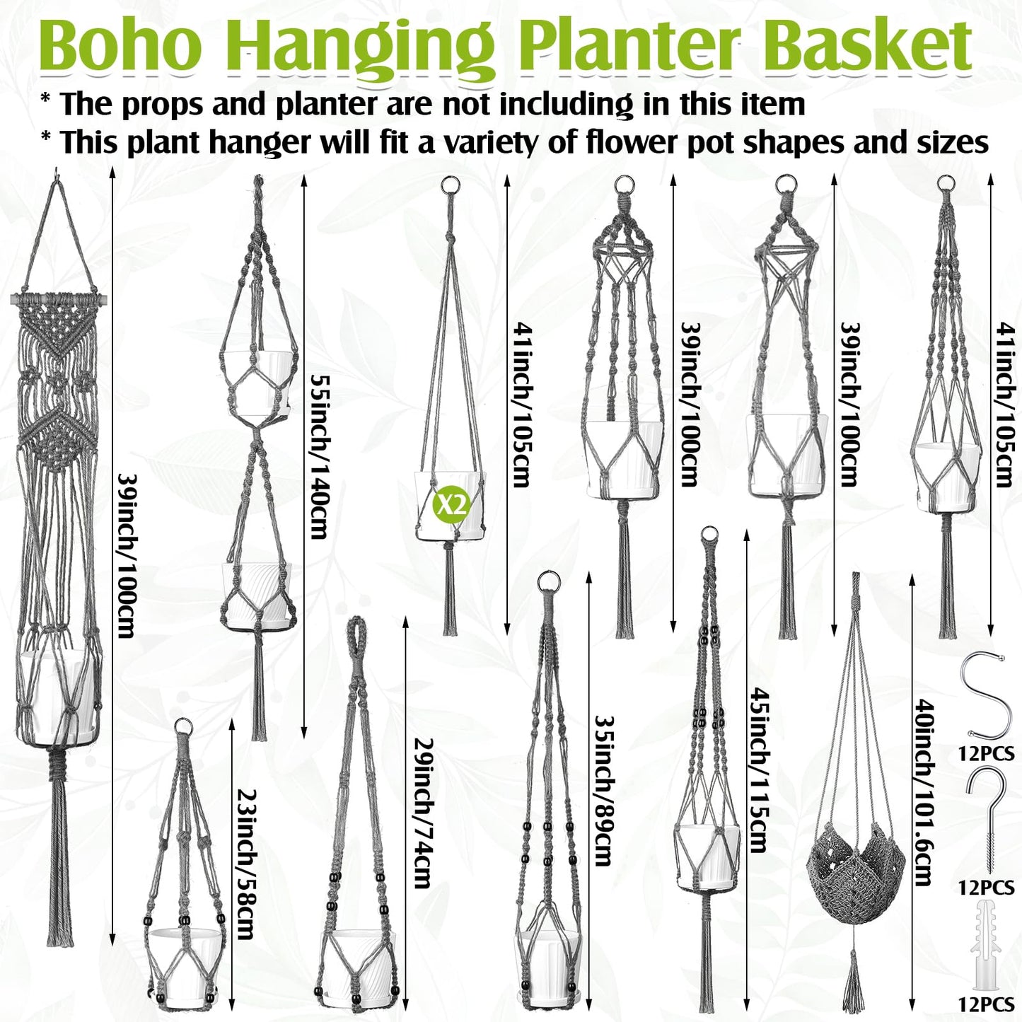 Hoteam 12 Pcs Macrame Plant Hangers Macrame Hanging Planters for Indoor Plants Handmade Boho Hanging Baskets Flower Pots Holder for Outdoor Home Wall Decor(Gray)