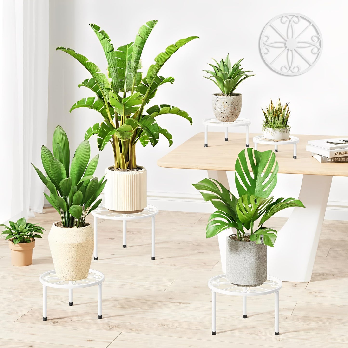 NQW 5 Pack Plant Stand Indoor Outdoor,Heavy Duty Black Iron Potted Stand Holder,Anti-Rust Iron Flower Pot Stand Decoration Racks Plant Display Shelf for Living Room, Garden, Balcony(WhiteS)