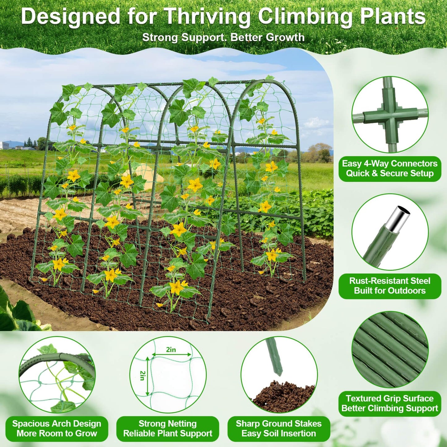 Cludoo Cucumber Trellis for Raised Bed Garden, U-Shape Arch Trellis for Climbing Plants Outdoor, Metal Vegetables Trellis with Netting, Garden Trellis for Cucumber Plants Sweet Pea Bean Grape