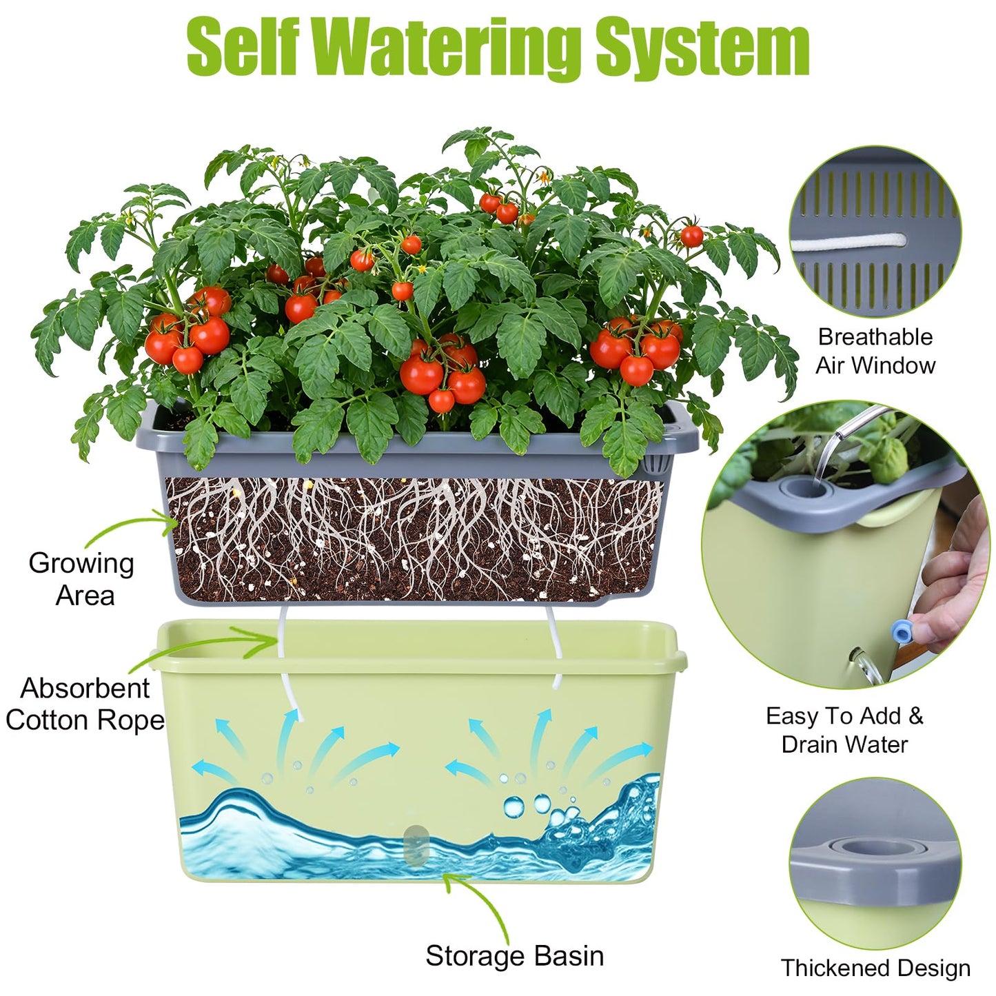 Oliz Window Box Planter 4 Packs, 14 Inches Rectangle Flower Pots with Breathable Drainage Holes, Pots for Vegetables, Herbs, Flowers, Garden Windowsill Balcony (Green & Grey)