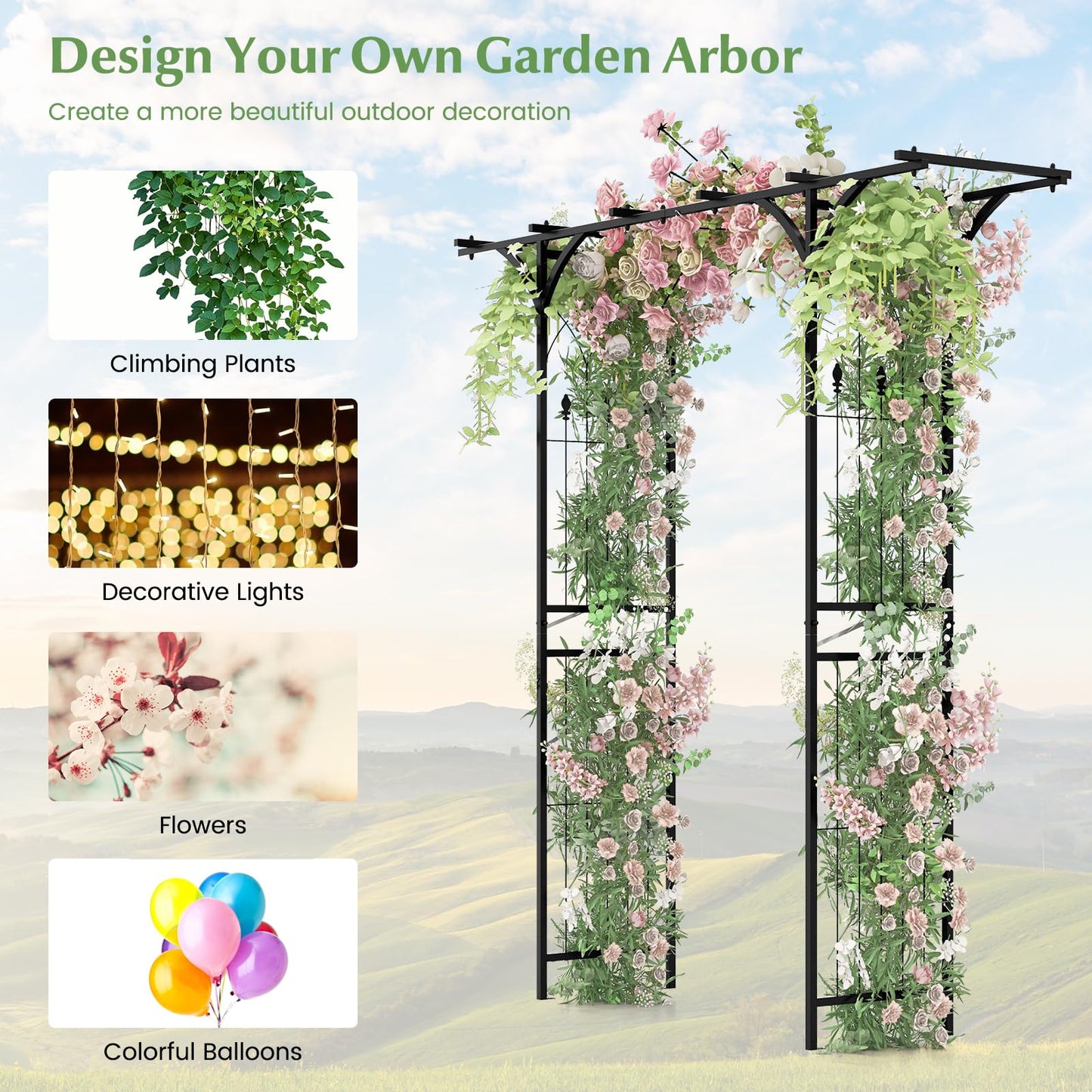 S AFSTAR Garden Arch Trellis Pergola, 6.8 FT Outdoor Metal Arbor w/Extended Top, 4 Ground Stakes, Plant Support Trellis for Climbing Plant Vine Rose, Garden Arbour Archway for Wedding Ceremony Party