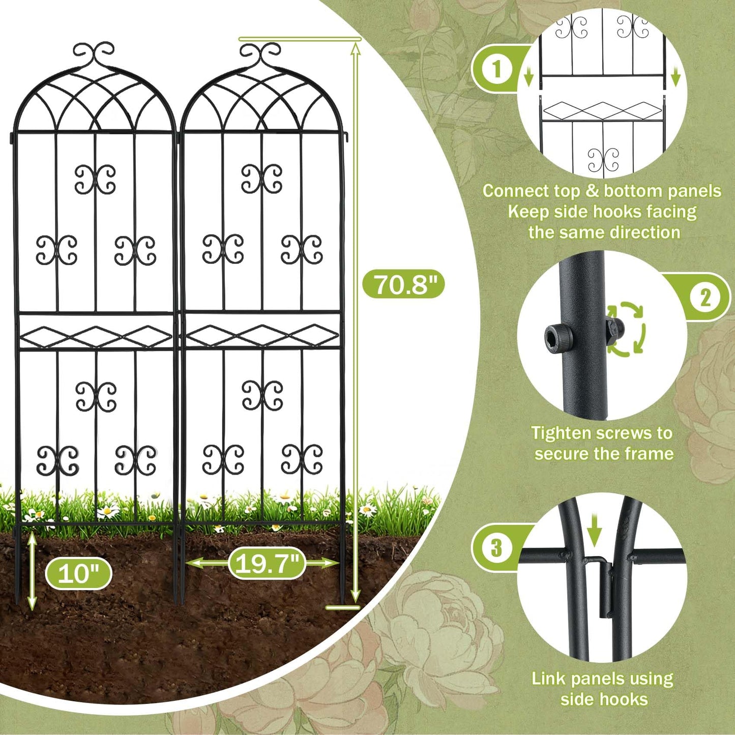 HIHADUUM 2 Pack 70.8" H x 19.7" W Arched Metal Garden Trellis for Climbing Plants Outdoor - Tall Rust-Resistant Decorative Climbing Rose Trellis Perfect for Roses, Vines, Vegetables, Flowers, Black
