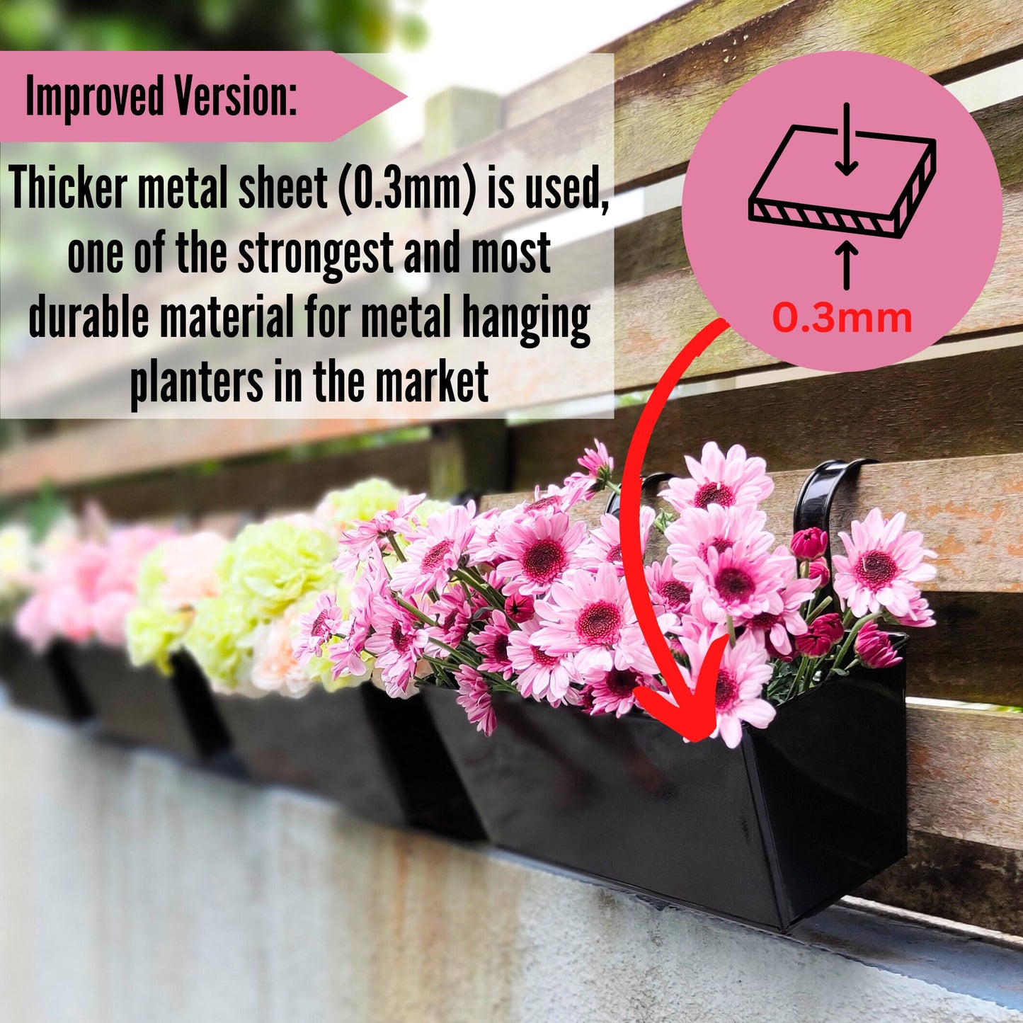 LaLaGreen Rail Planter (16 Inch, 5 Pack) Metal Planters Hanging Flower Pots Rectangular Buckets Herbs Modern Wall Mount Iron Balcony Box Plant Holder Deck Railing Fence Porch Home Outdoor Plants Decor