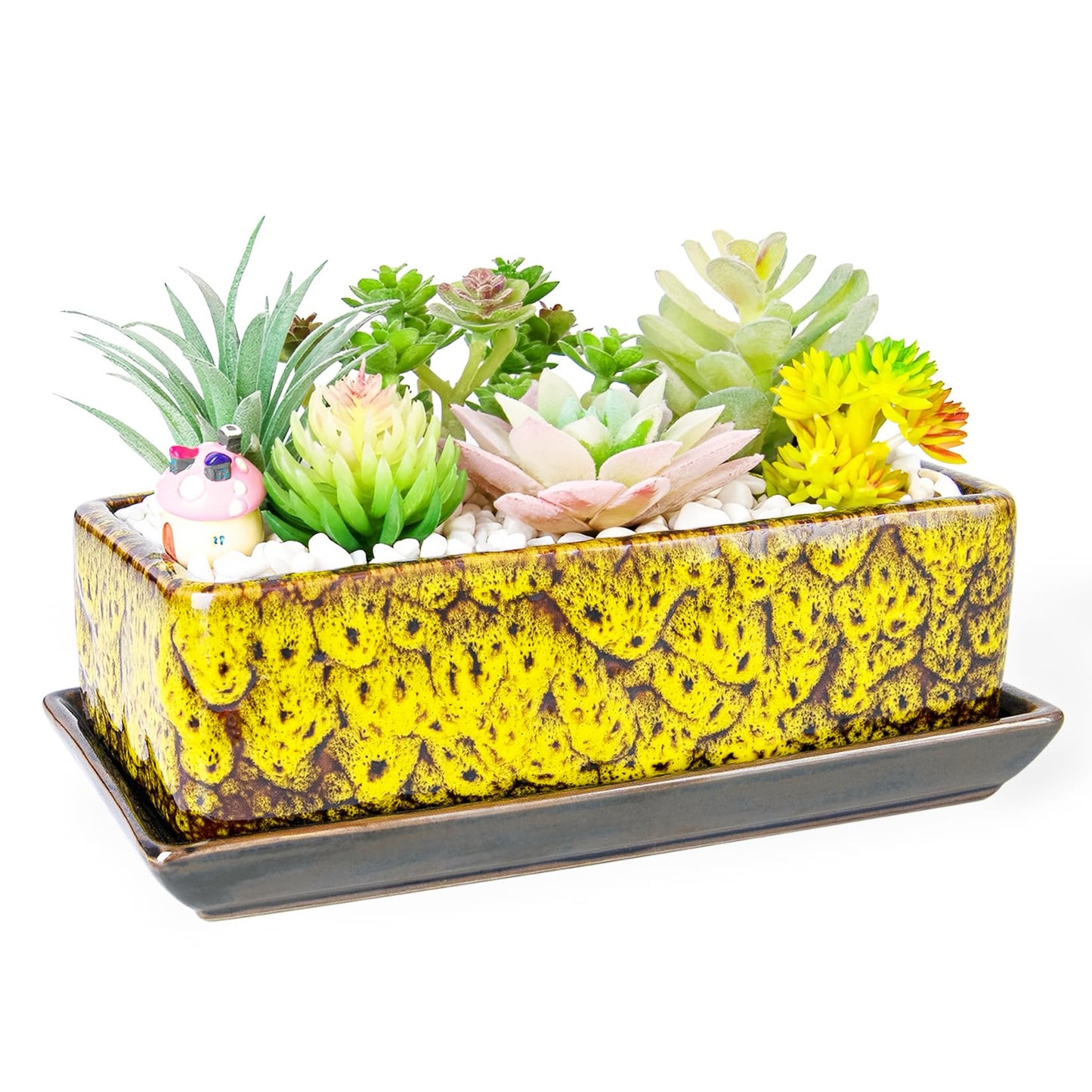 ARTKETTY Succulent Pots - Long Rectangle Succulent Planters with Drainage Tray, Window Sill Planter, Ceramic Pots for Indoor Cactus Plants Shallow Bonsai Window Box for Home Garden Decor