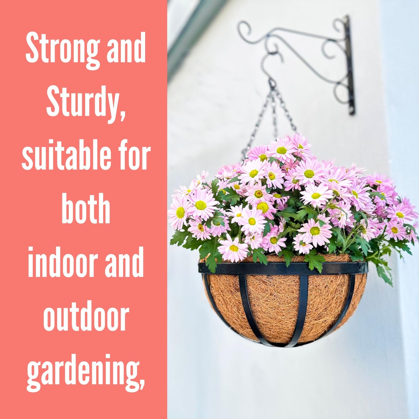 LaLaGreen Outdoor Hanging Baskets for Plants (20 Inch, 2 Pack) Extra Large Black Metal Flat Iron Hanging Planters with Coco Liner Round Flower Pot Holder Hanger Deck Porch Modern Garden Balcony Decor