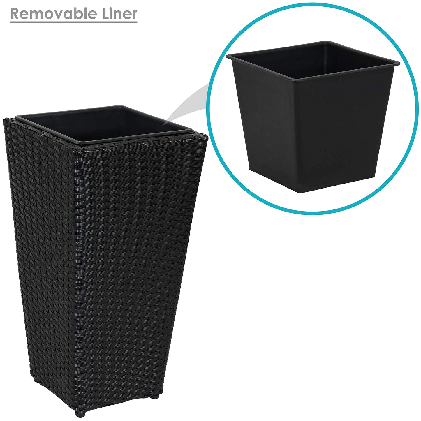 Sunnydaze Square Tall Wicker Outdoor Planter Set of 3 - Polyrattan Large Outdoor Planters for Porch, Patio or Garden - 9", 11.5", 14.75" Tall Plant Pots - Black