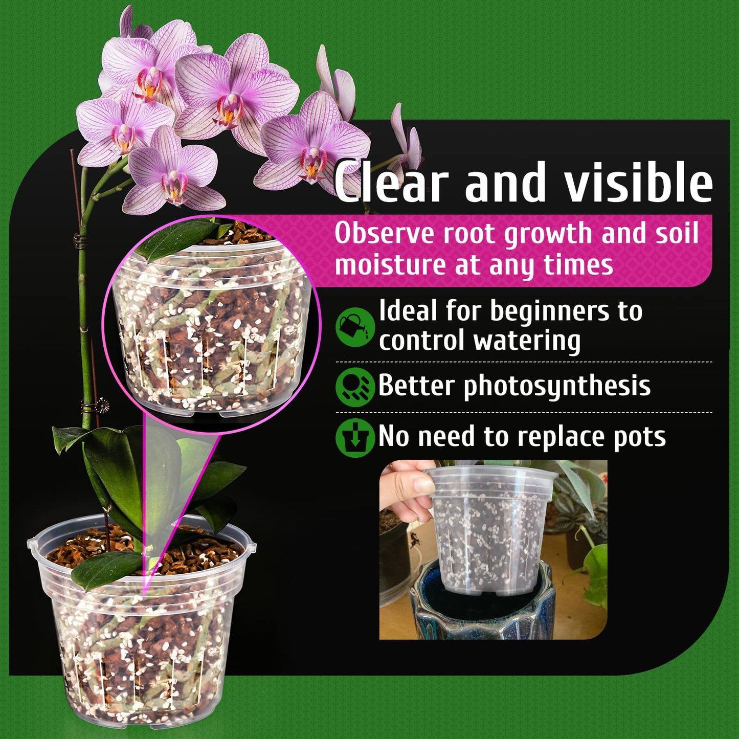 REMIAWY Orchid Pot, 9 Pack Orchid Pots with Holes, 3 Each of 4.8, 5.7 and 6.4 Inch Clear Flower Planter for Repotting, Plastic Slotted Nursery Planters Indoor Outdoor