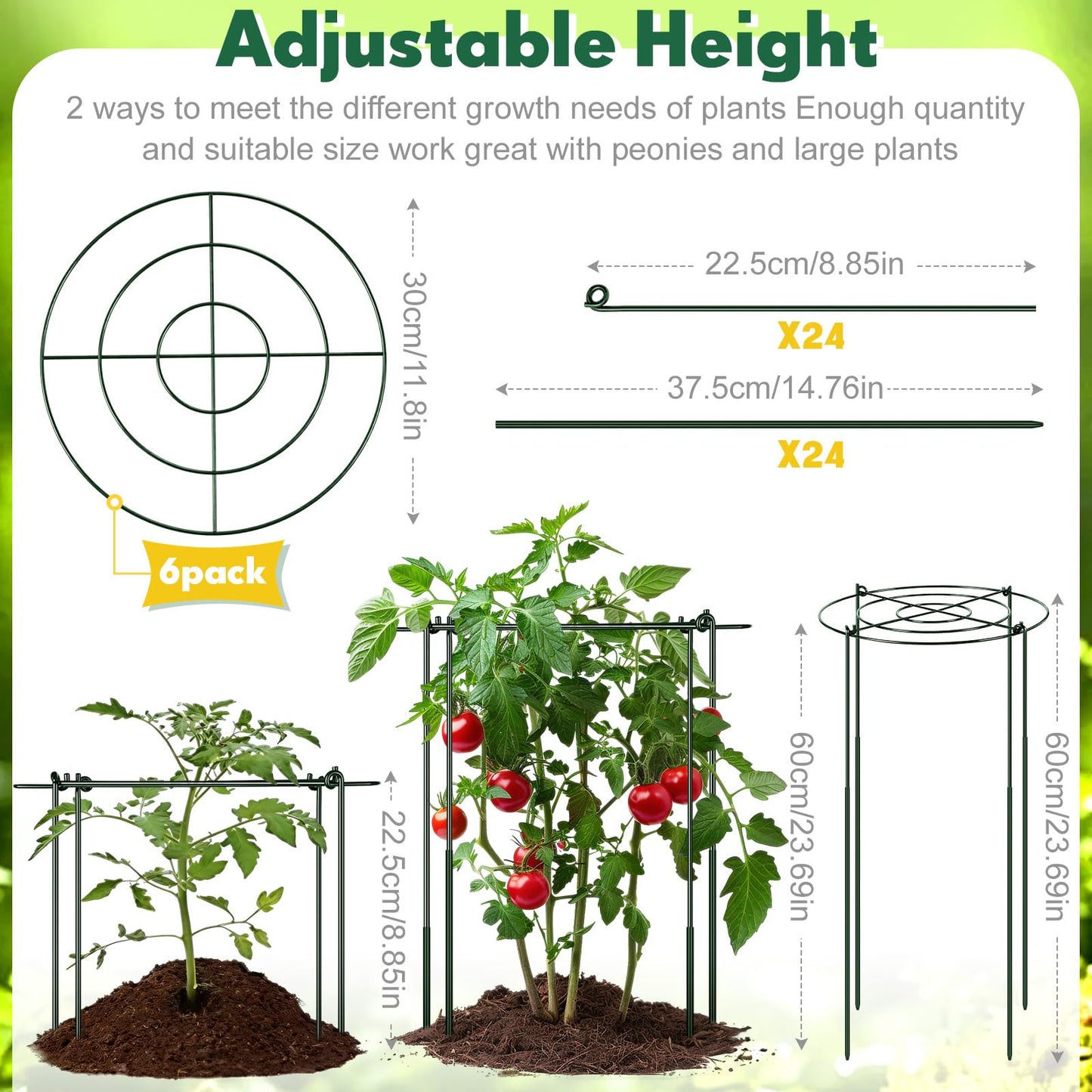Geelin 6 Pcs Adjustable Peony Cages and Supports, 24 x 12 Inch / 9 x 12 Inch Metal Peony Support Cage, Large Plant Frame Rings for Garden Outdoor Plants Flowers Tomato Vegetables, Height Adjustable