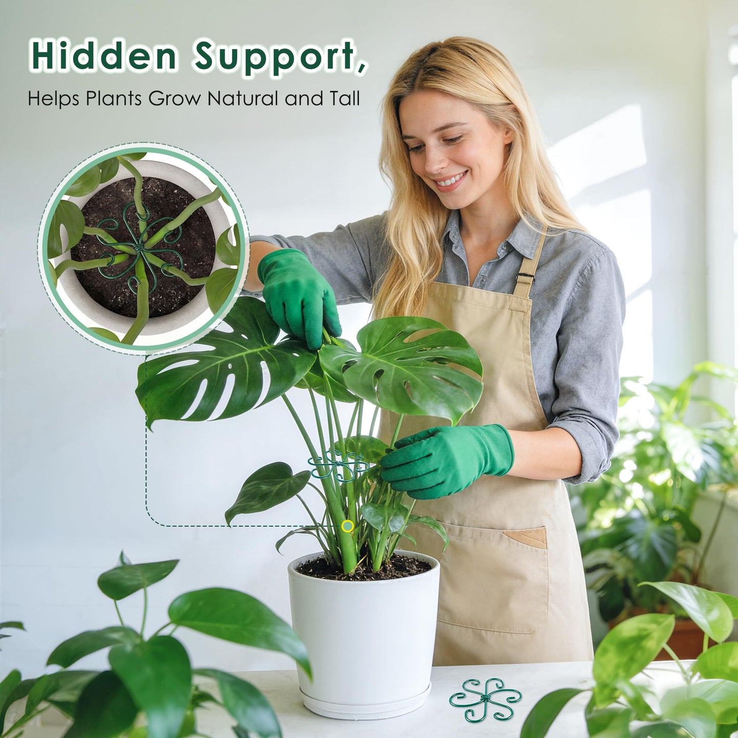 RELBRO Monstera Plant Supports, 4.3 Inch Metal Stem Support Holders Plant Stabilizer for Indoor Outdoor Potted Plants Growing Upright, Green, 6 Pcs